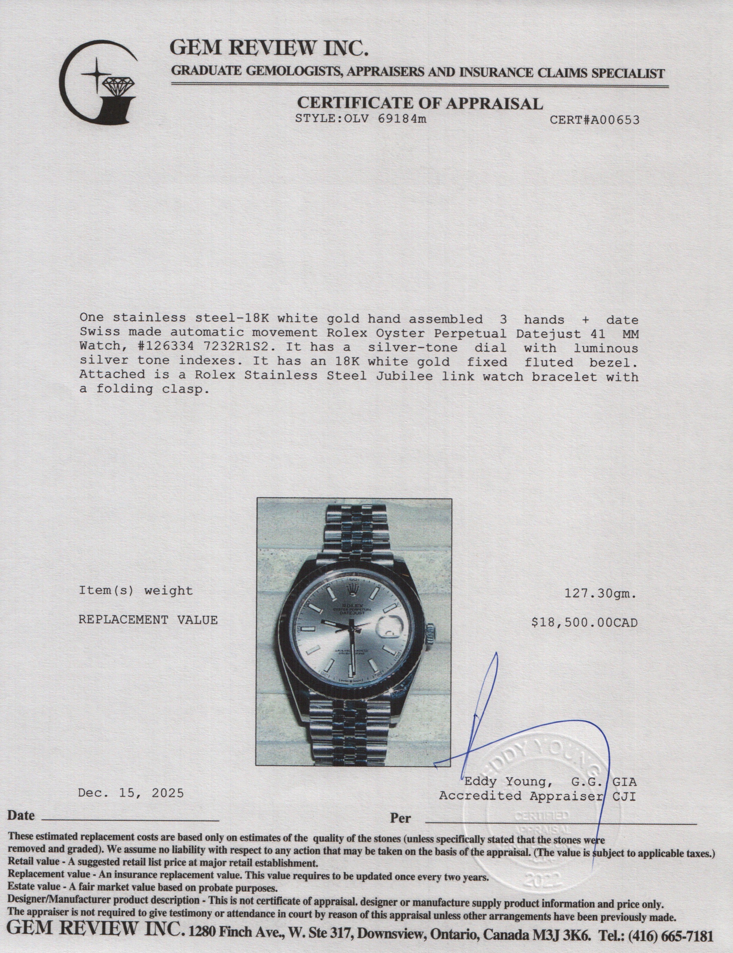 Rolex 2021 Stainless Steel Oyster Perpetual Datejust 41 MM Watch Silver Dial 126334 w/ Box & Papers