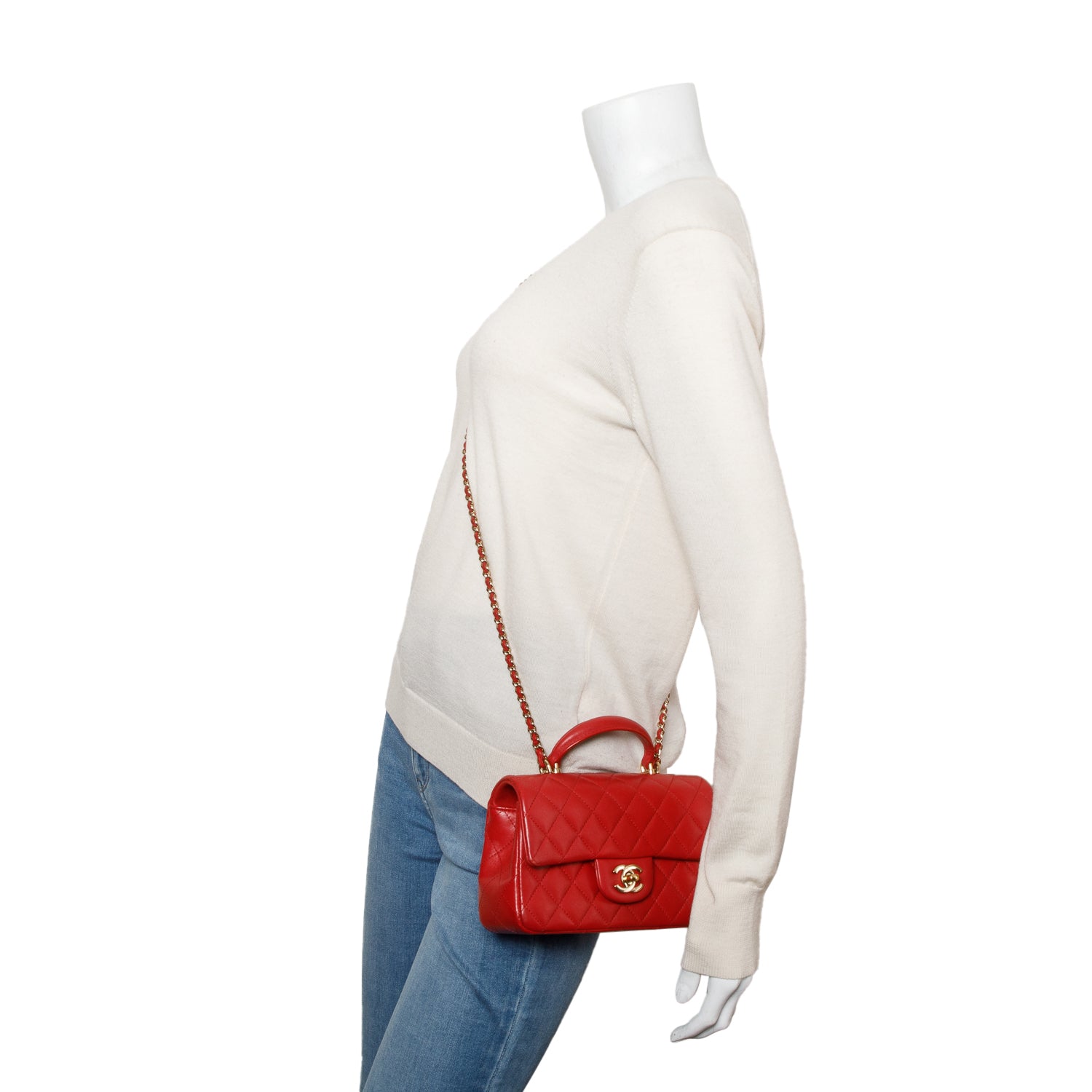 Chanel Red Lambskin Quilted Mini Top Handle Rectangular Flap w/ Box