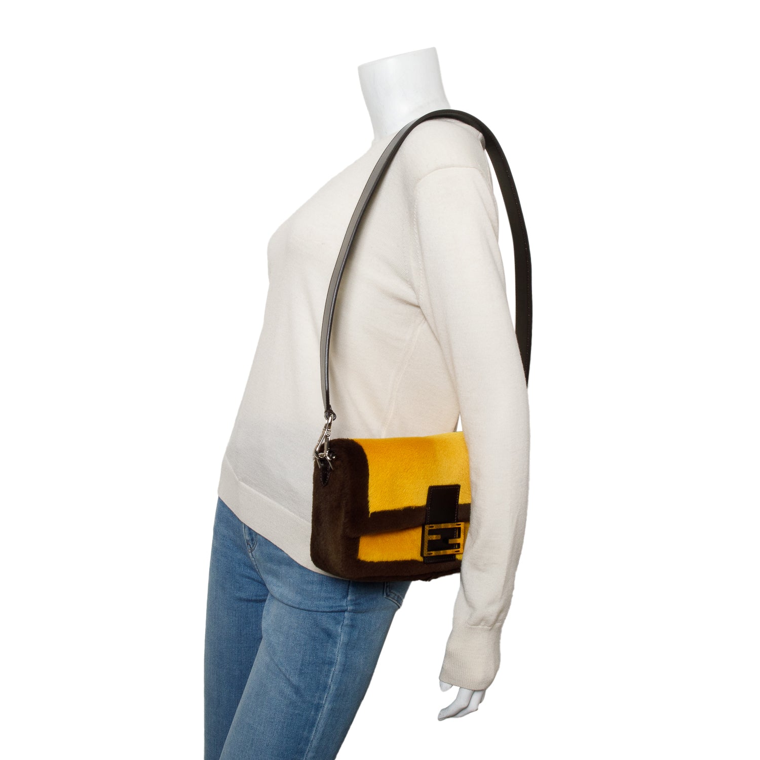 Fendi 2022 Yellow Brown Pony Hair Karung Baguette w/ Box & Straps