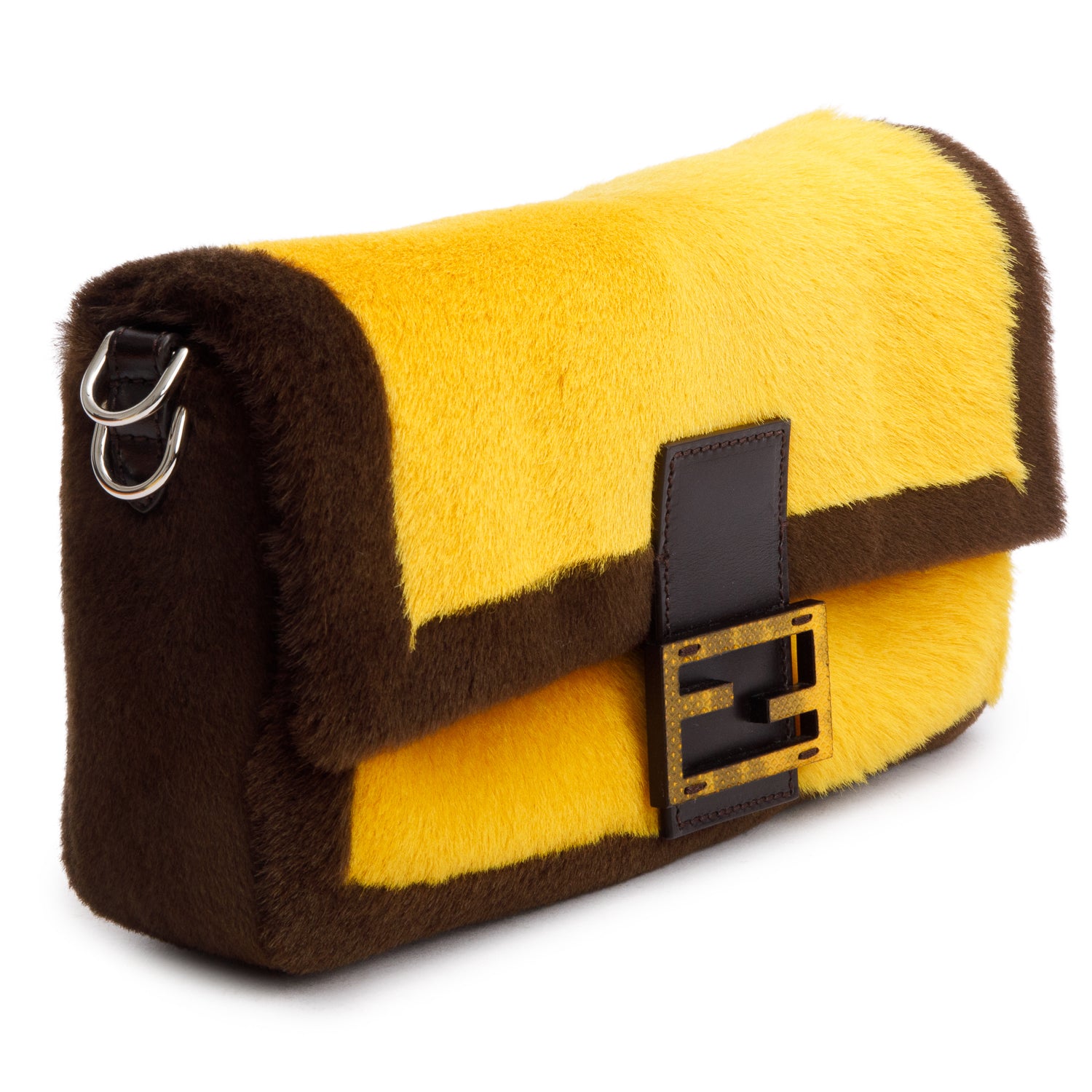 Fendi 2022 Yellow Brown Pony Hair Karung Baguette w/ Box & Straps