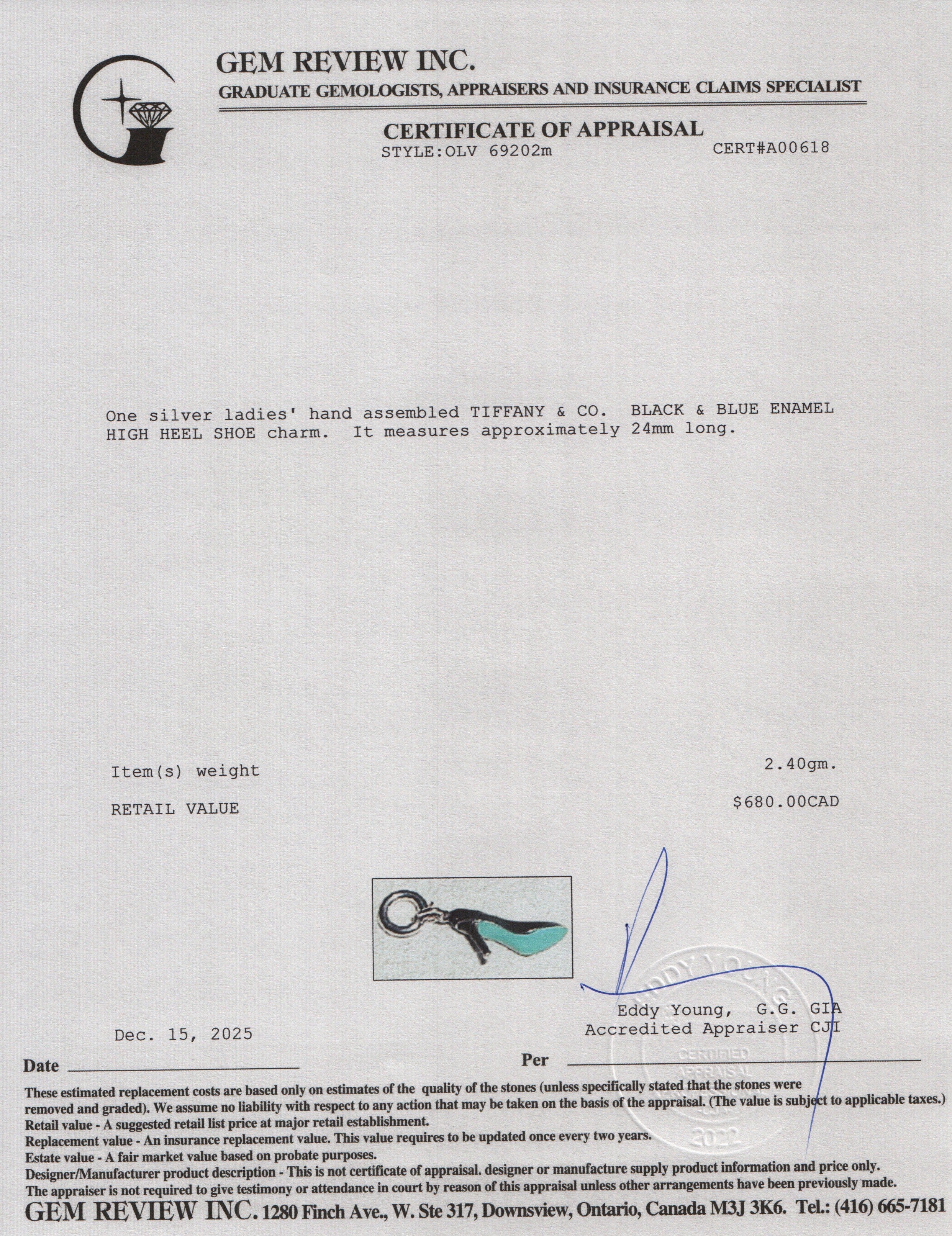Tiffany & Co. Sterling Silver Black & Blue Enamel Heel Shoe Charm