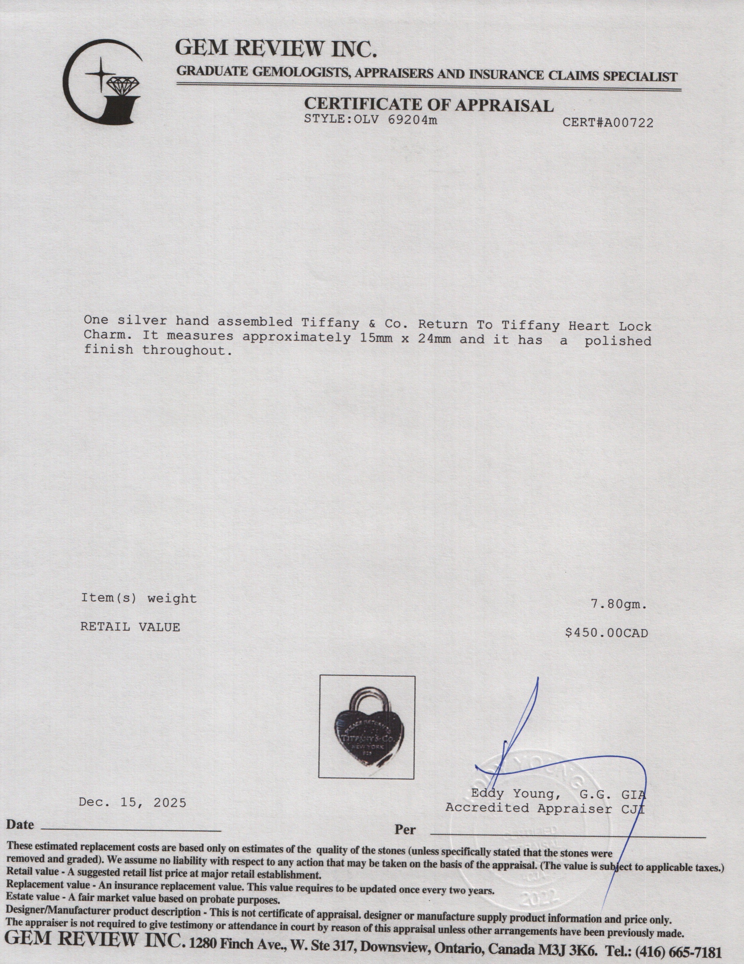 Tiffany & Co. Sterling Silver Return To Tiffany Heart Lock Charm