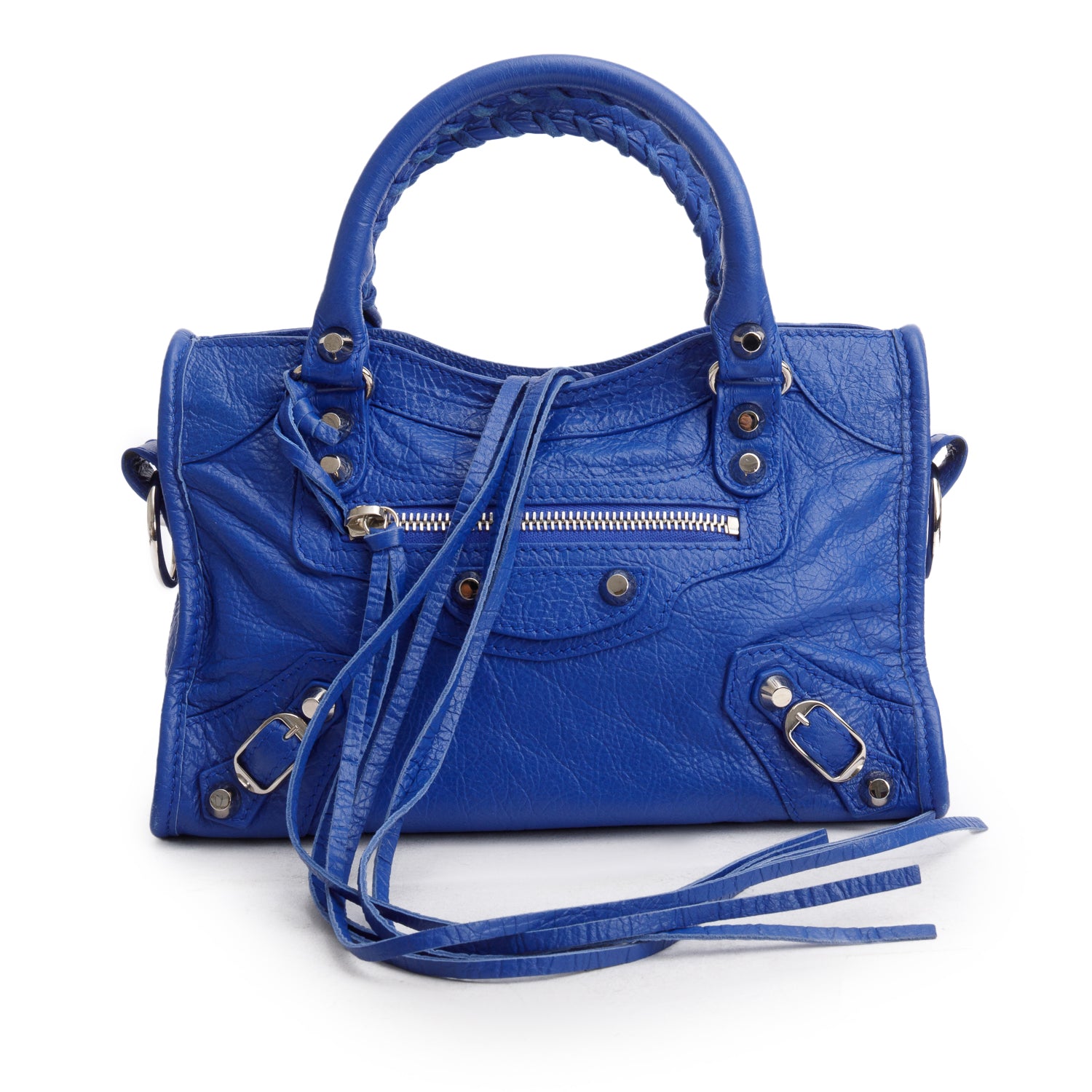 Balenciaga Blue Agneau Leather Classic Mini City Bag w/ Logo Strap