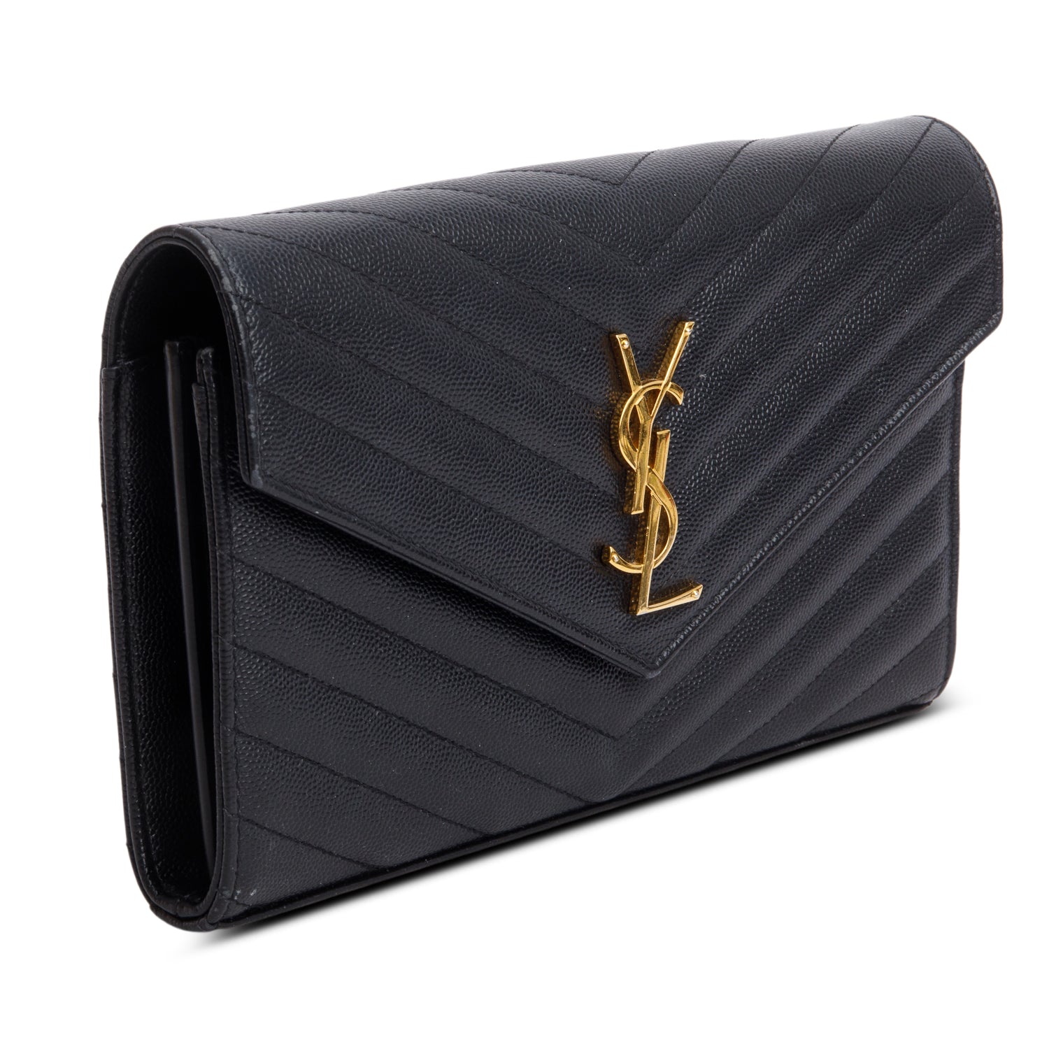 Saint Laurent Black Grain de Poudre Matelasse Chevron Cassandre Chain Wallet w/ Box & Receipt