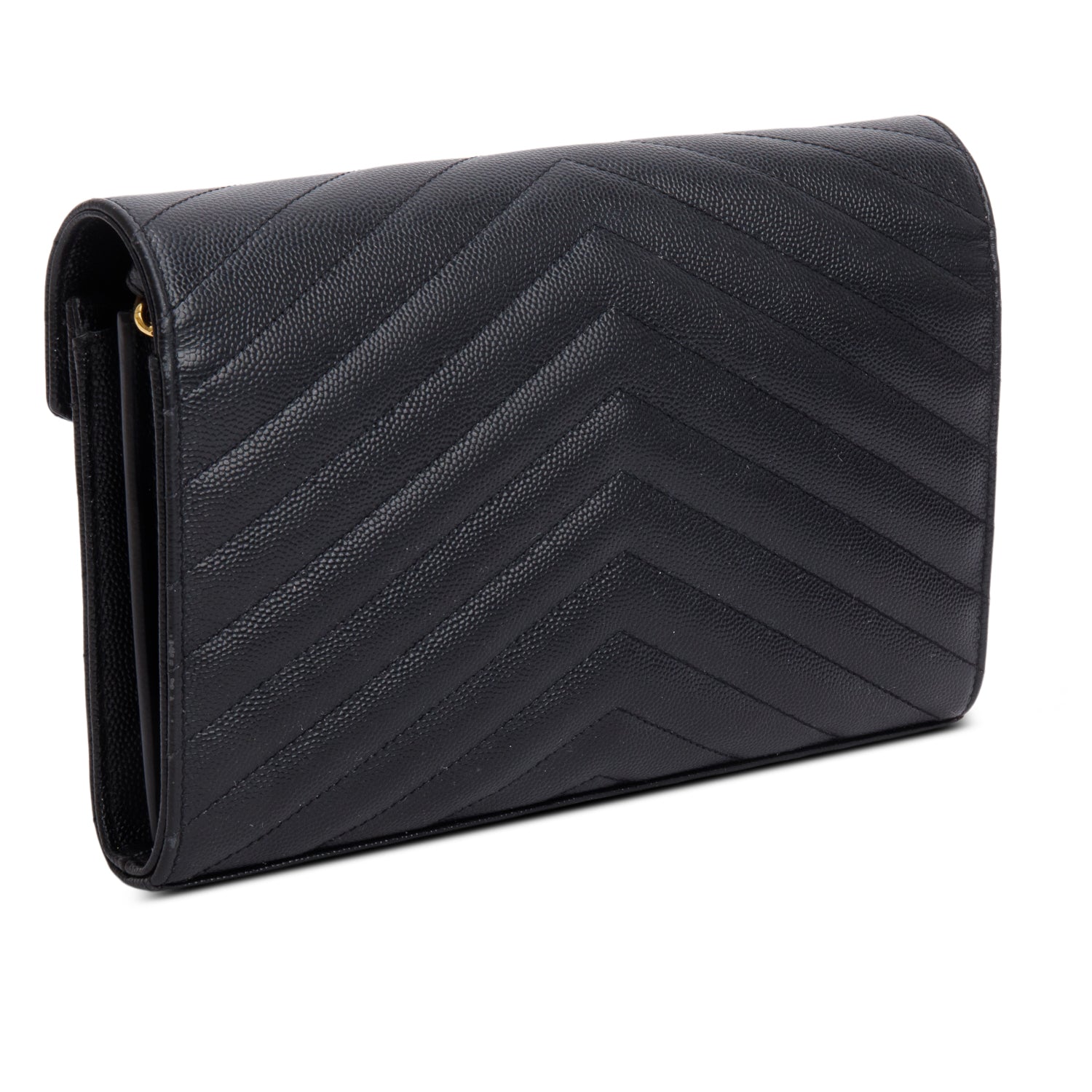 Saint Laurent Black Grain de Poudre Matelasse Chevron Cassandre Chain Wallet w/ Box & Receipt