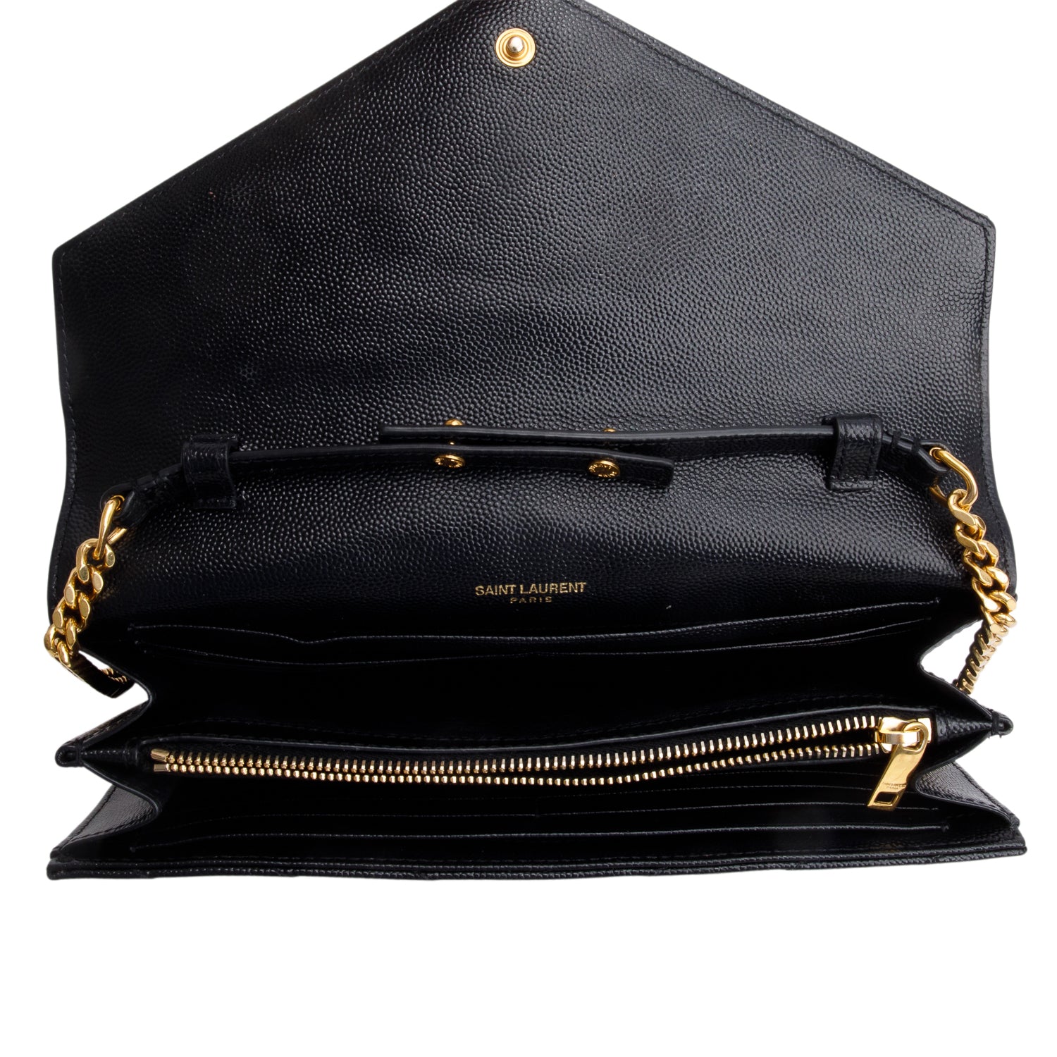 Saint Laurent Black Grain de Poudre Matelasse Chevron Cassandre Chain Wallet w/ Box & Receipt