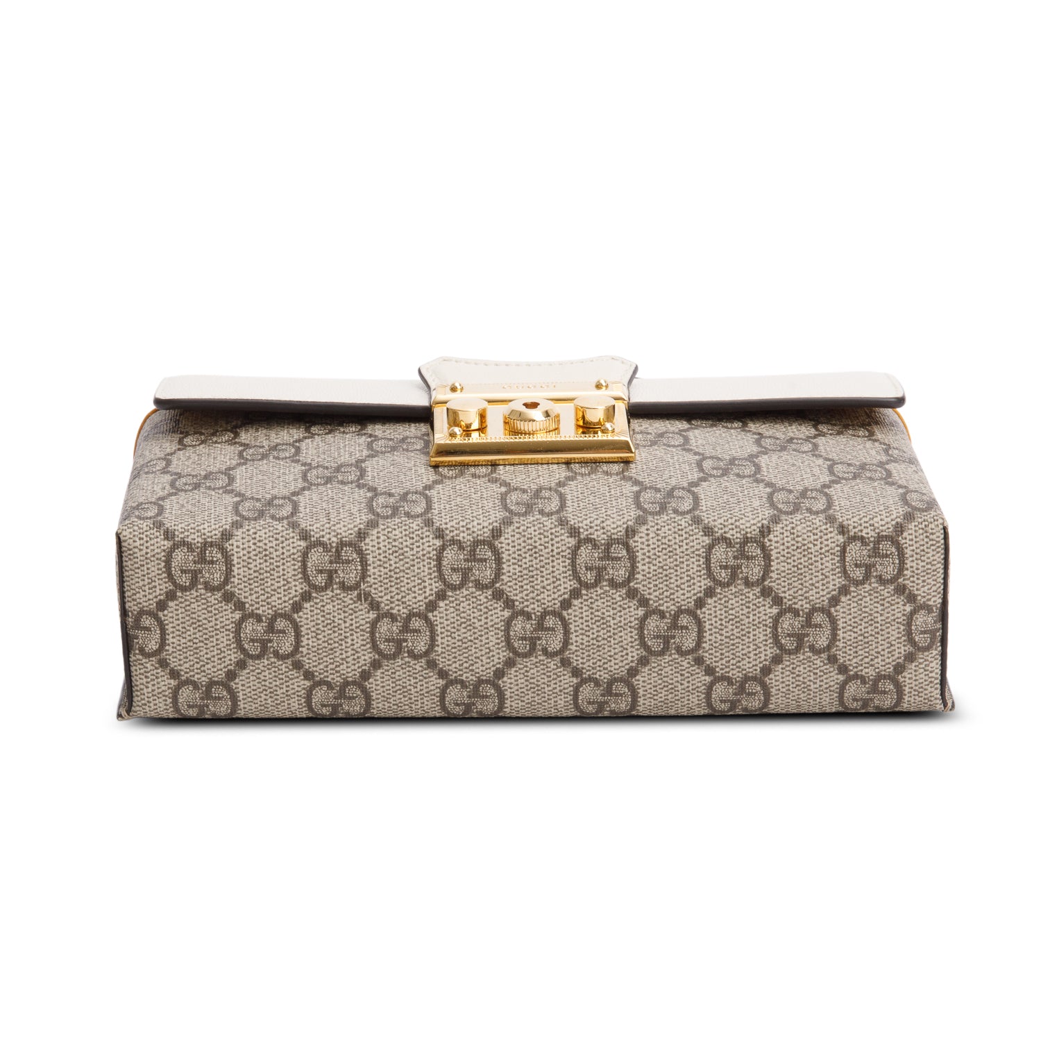 Gucci 2022 GG Supreme Monogram Calfskin Mini Padlock Top Handle Bag w/ Box, Strap & Receipt