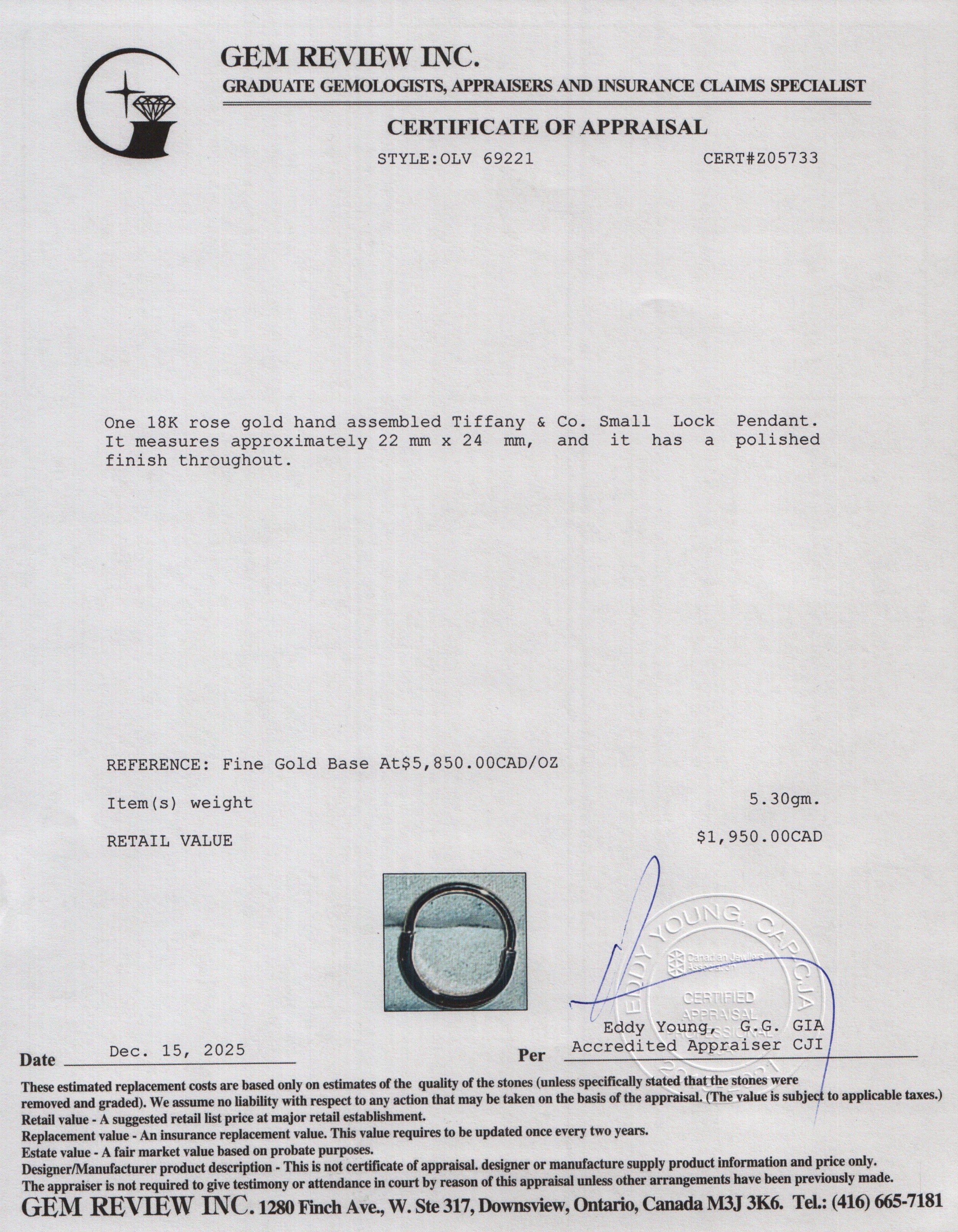 Tiffany & Co. 18k Rose Gold Small Lock Pendant