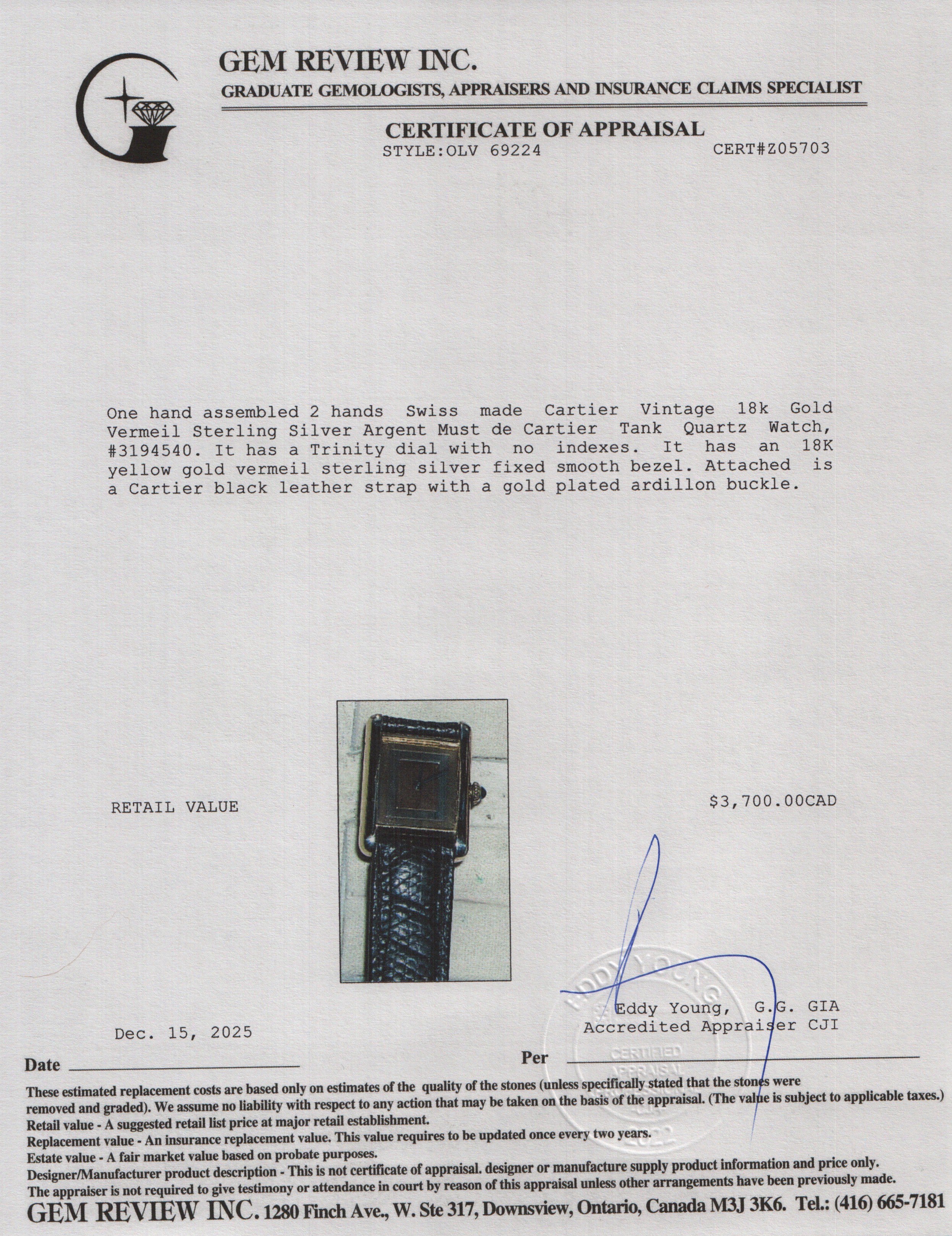 Cartier Vintage 18k Gold Vermeil Sterling Silver Argent Must de Cartier Tank Quartz Watch Trinity Dial