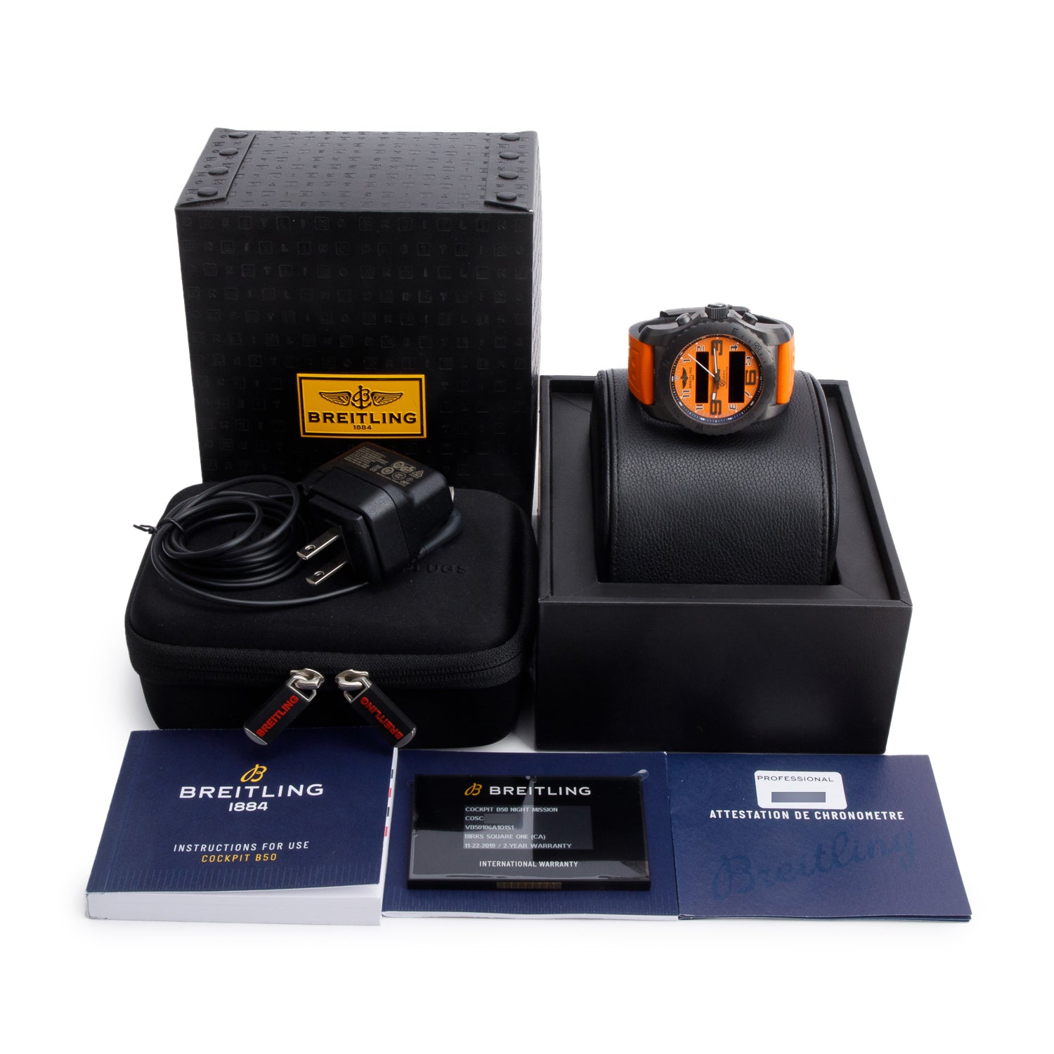 Breitling Limited Edition Black Titanium Cockpit B50 46 MM Chronograph Quartz Watch Orange Dial VB5010 w/ Box, Papers & Charger