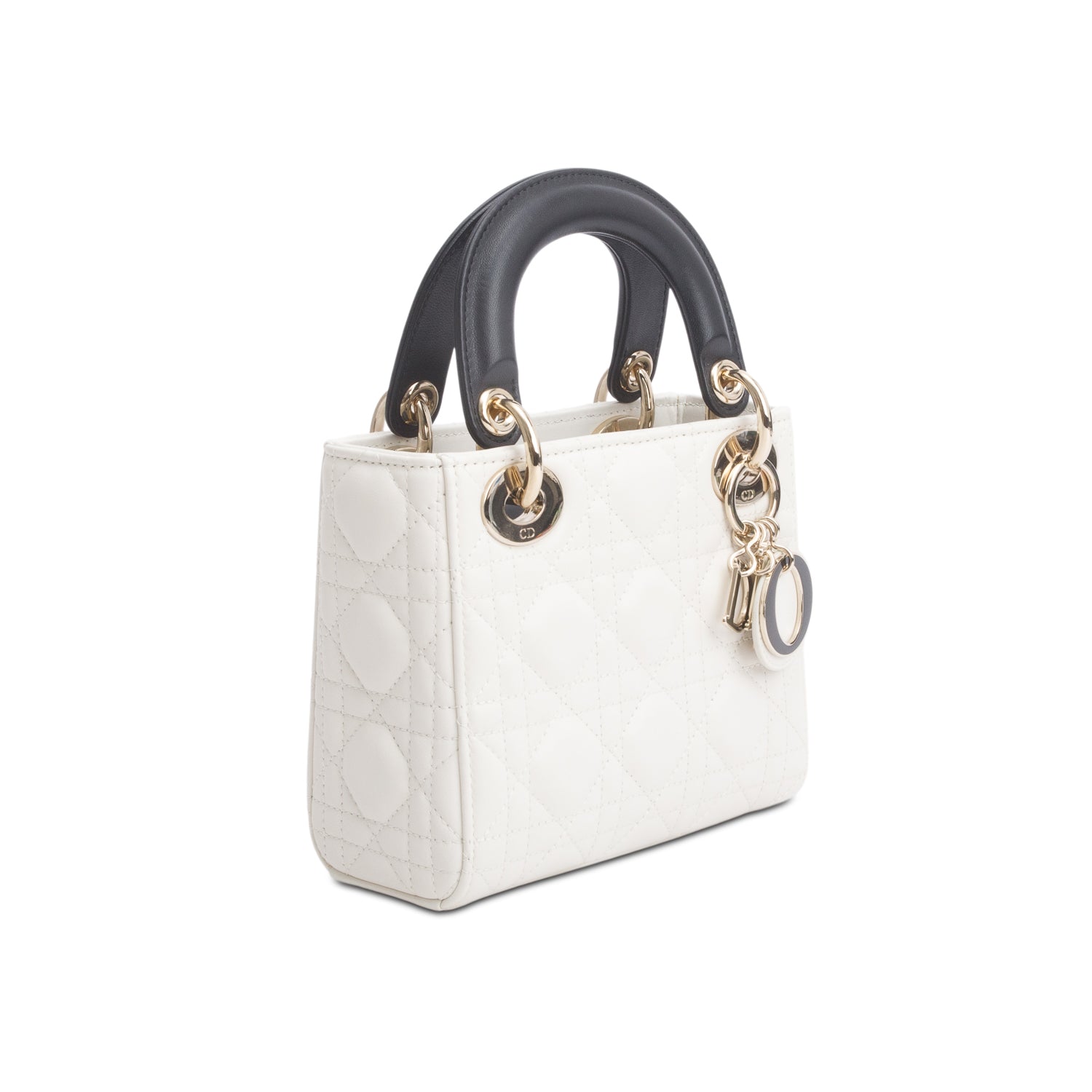 Christian Dior 2024 White Black Lambskin Cannage Mini Lady Dior w/ Strap