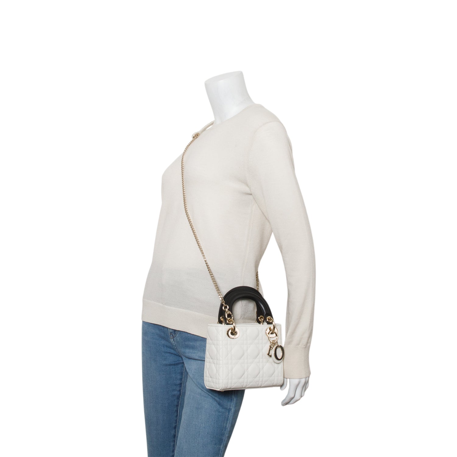 Christian Dior 2024 White Black Lambskin Cannage Mini Lady Dior w/ Strap