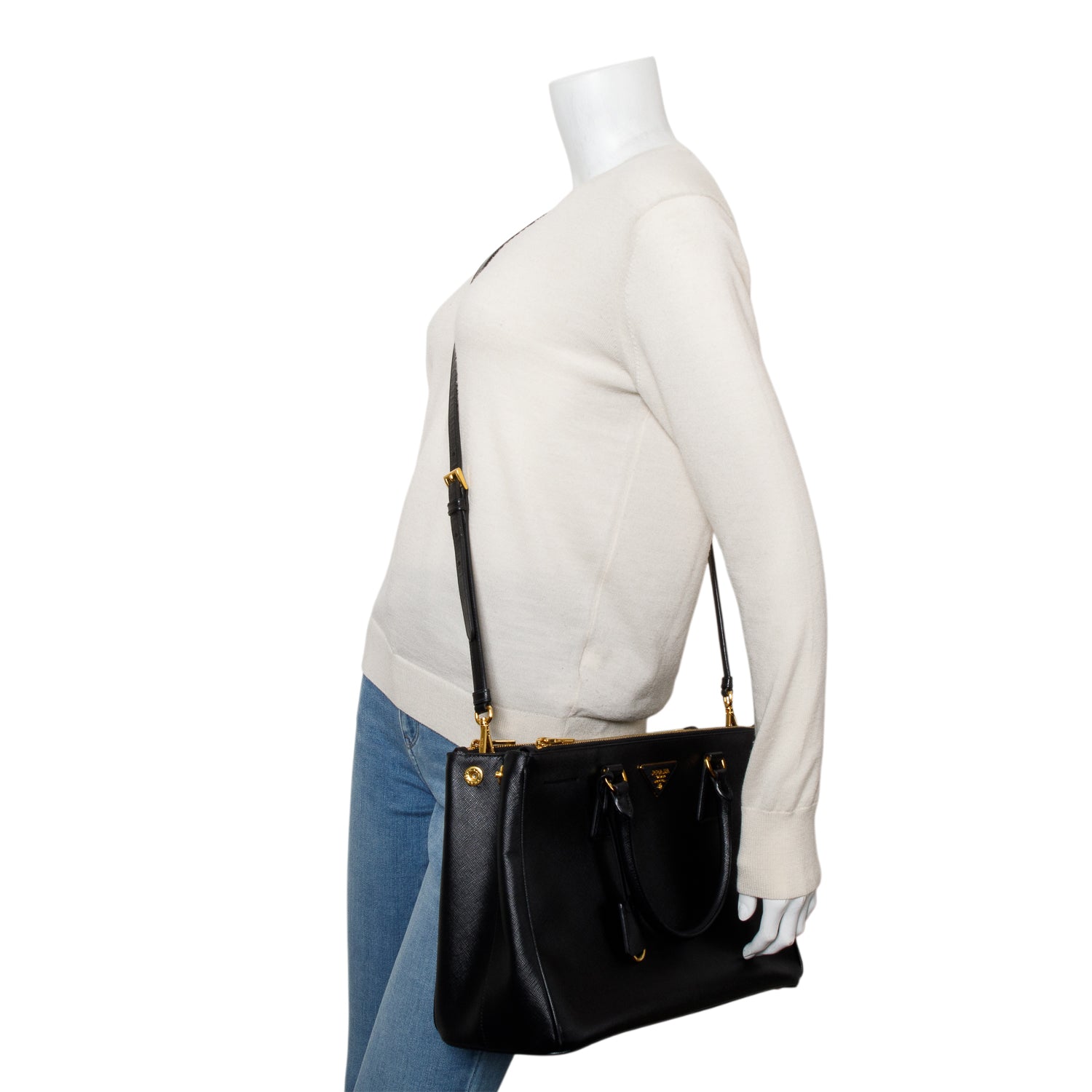 Prada Black Saffiano Lux Medium Double Zip Galleria Tote w/ Strap & Box