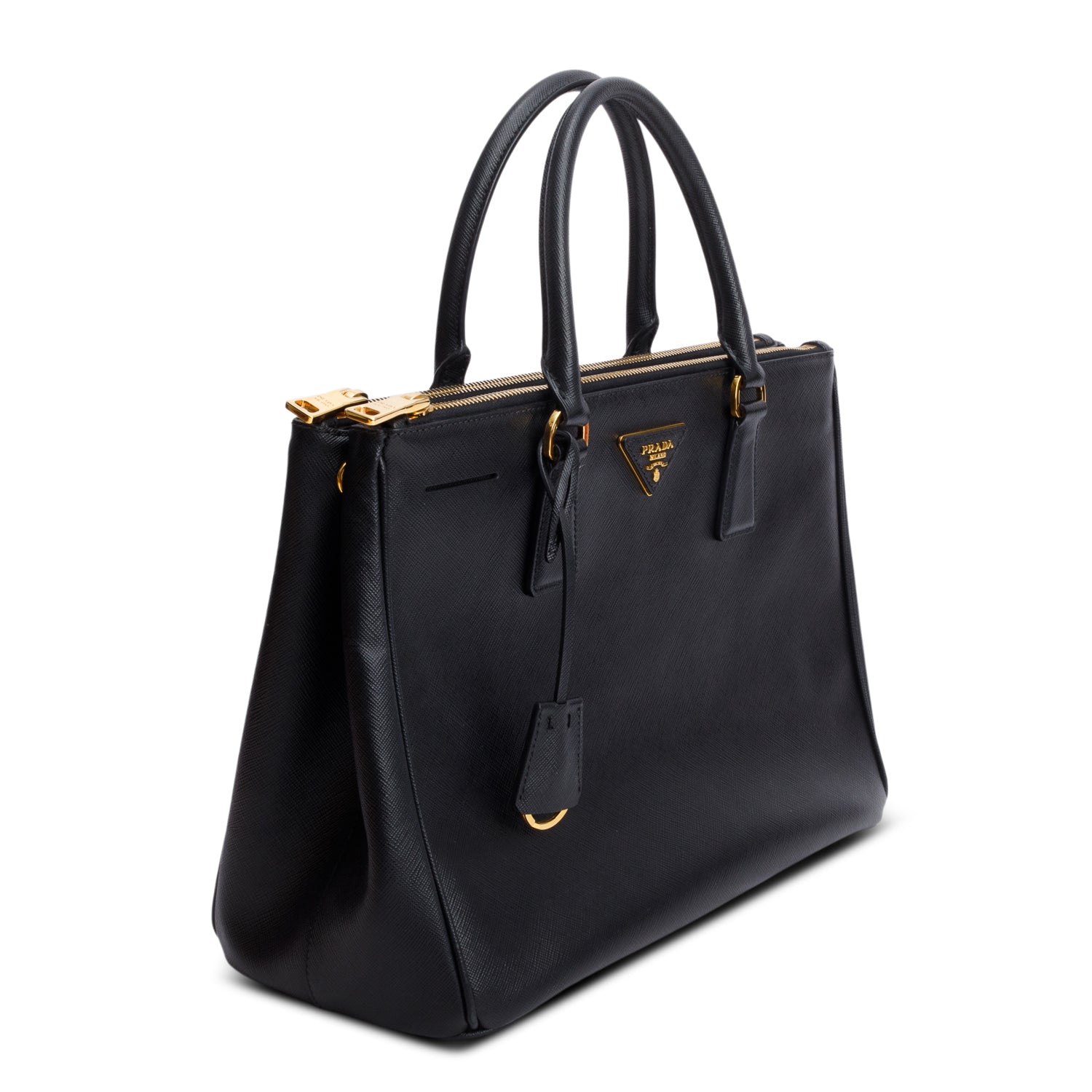 Prada Black Saffiano Lux Medium Double Zip Galleria Tote w/ Strap & Box