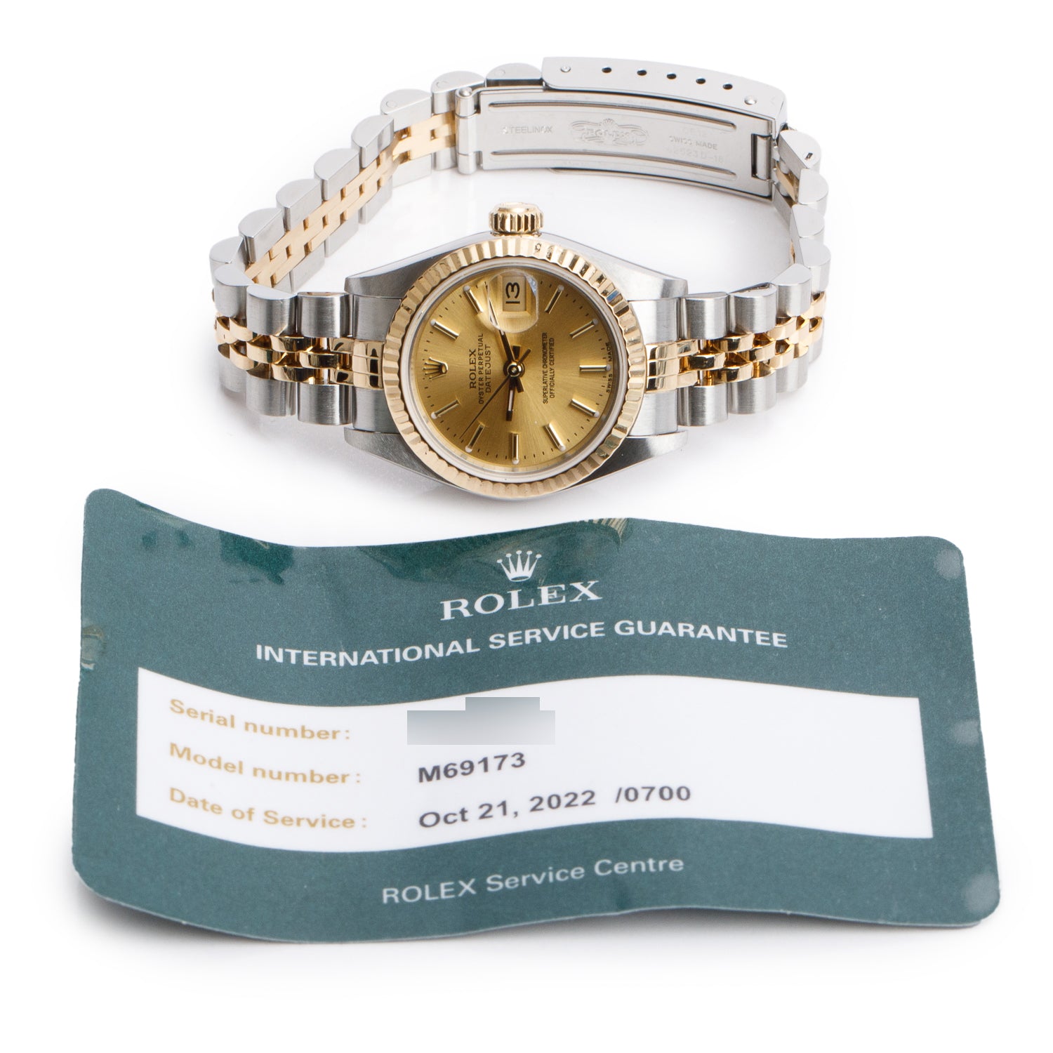 Rolex Stainless Steel & 18k Yellow Gold Datejust 26 MM Automatic Watch 69173 w/ Service Card