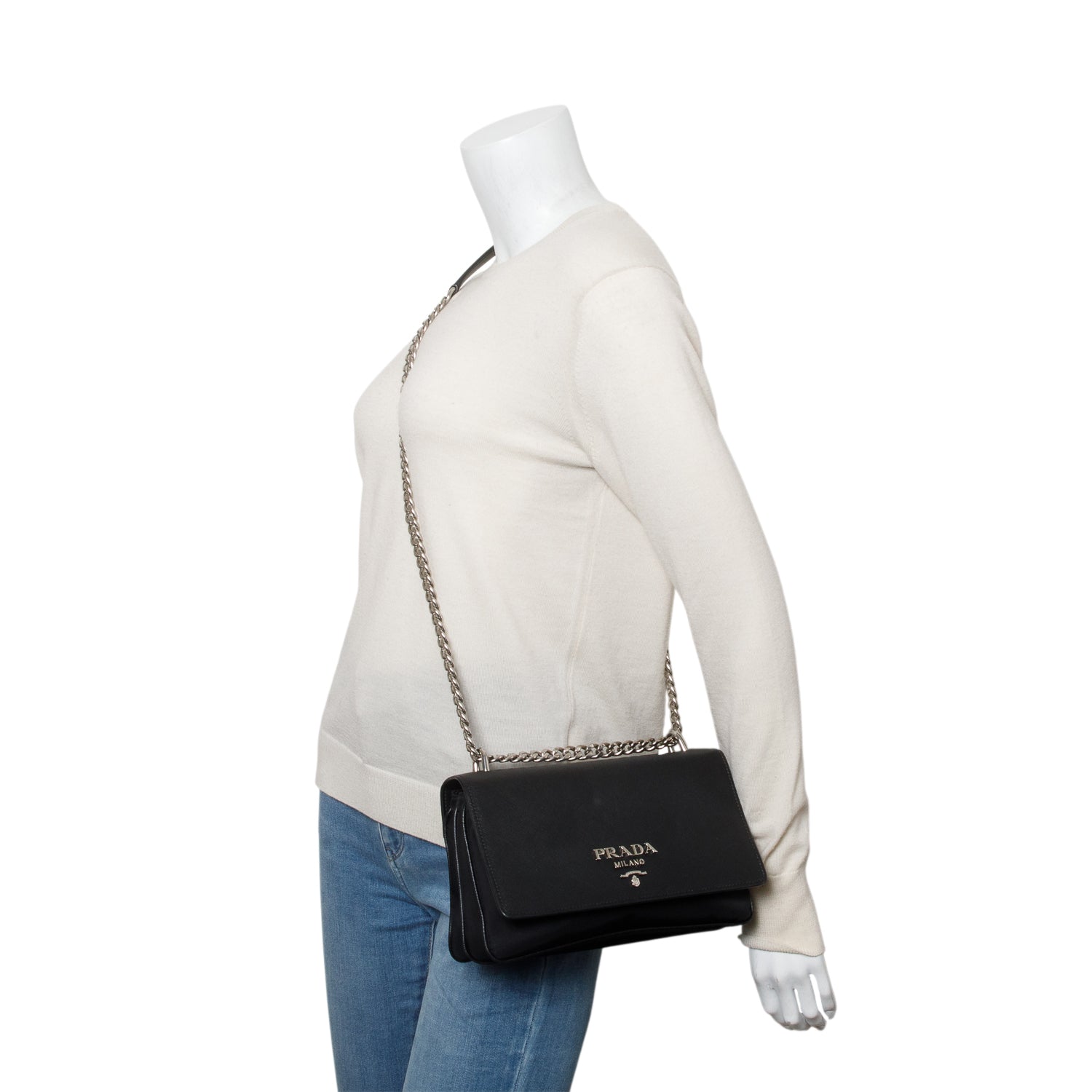 Prada Black Saffiano Lux Tessuto Nylon Flap Chain Crossbody Bag