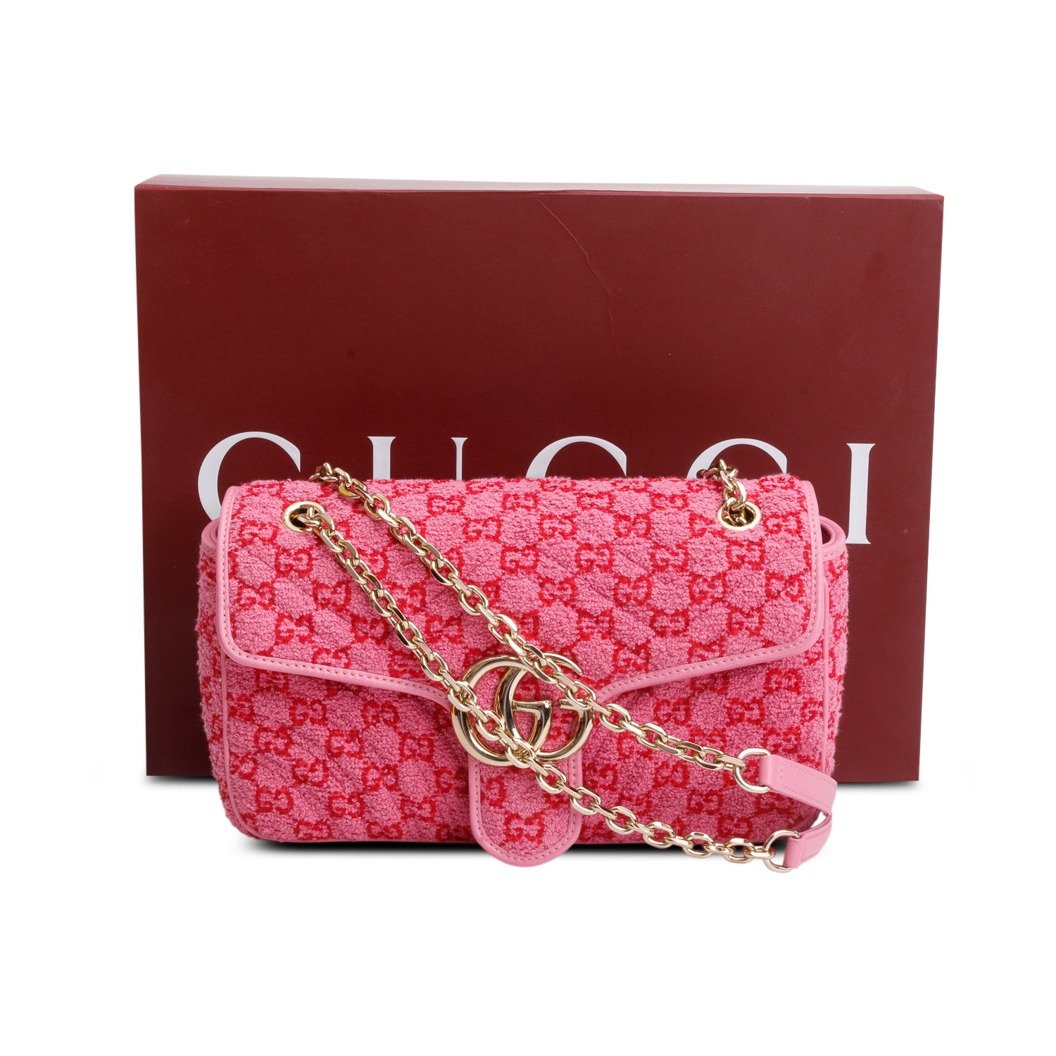 Gucci Pink Monogram Matelasse GG Marmont Boucle Medium Shoulder Bag w/ Box