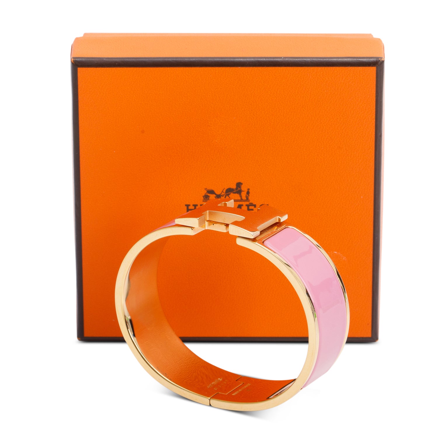 Hermes Gold-Plated Pink Enamel Clic Clac H Bracelet w/ Box