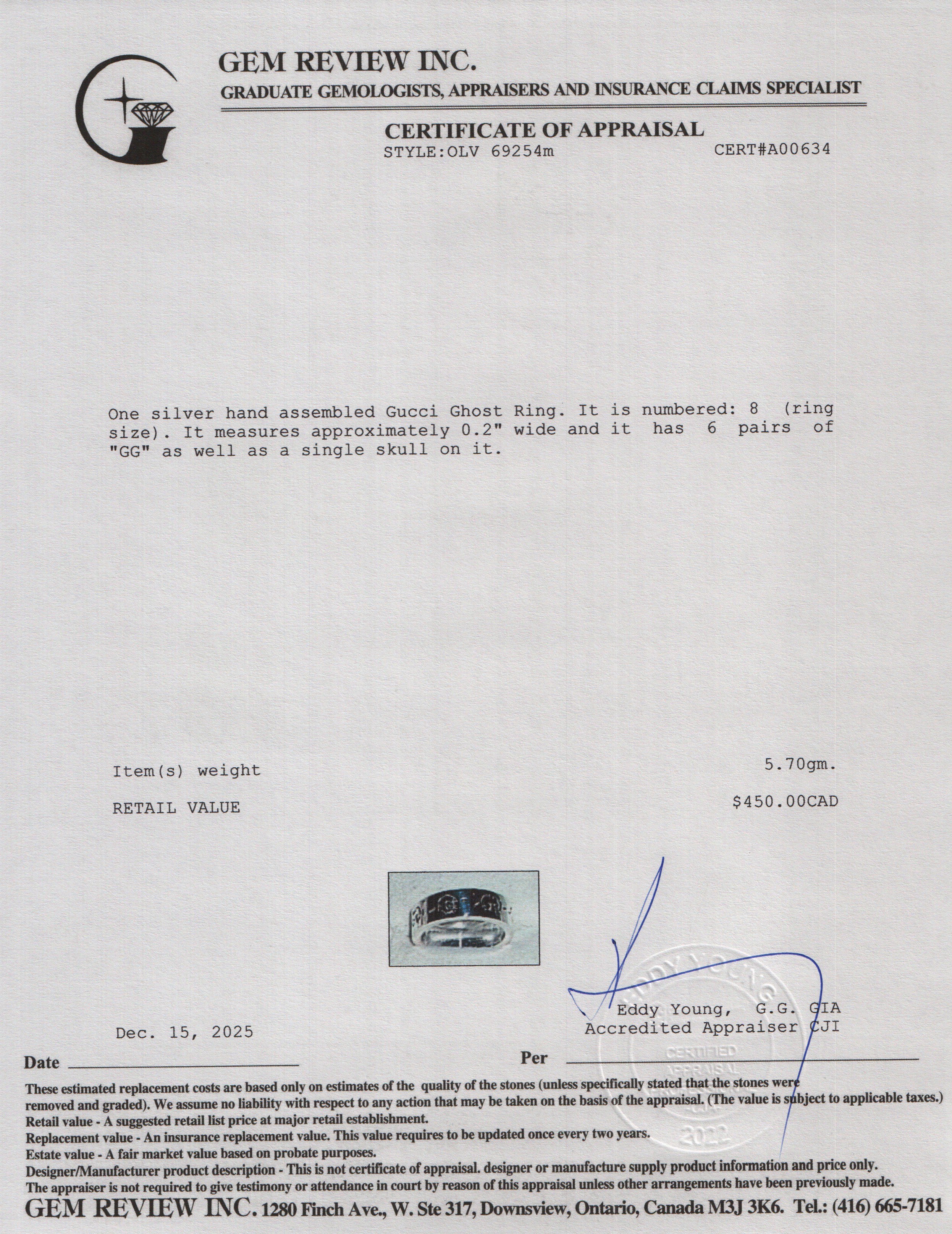 Gucci Sterling Silver Ghost Ring, Size 8 4.5 w/ Box