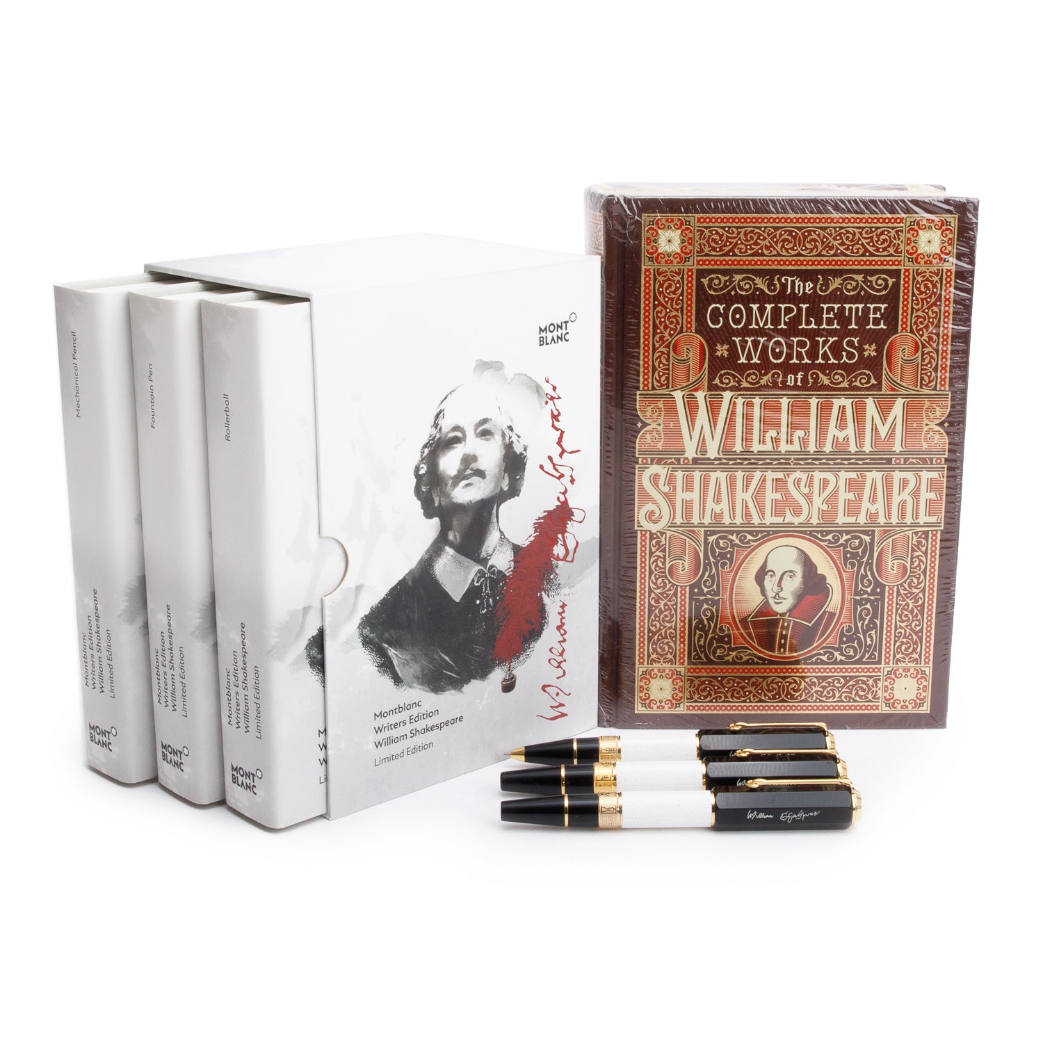 Montblanc Limited Edition Writer's Edition William Shakespeare 3 Piece Set Fountain Pen, Ballpoint Pen, Mechanical Pencil w/ Box, Book & Papers