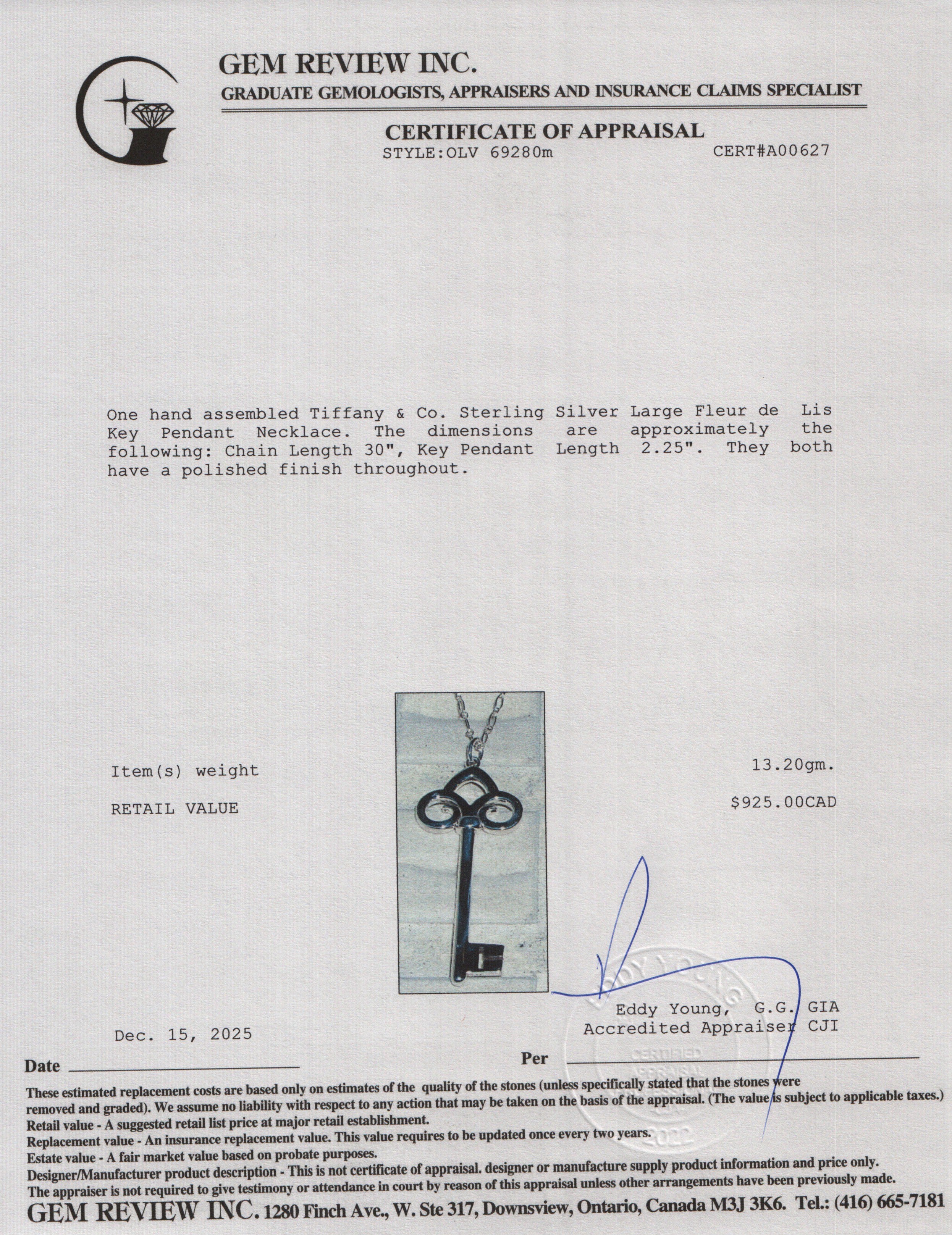 Tiffany & Co. Sterling Silver Large Fleur de Lis Key Pendant Necklace