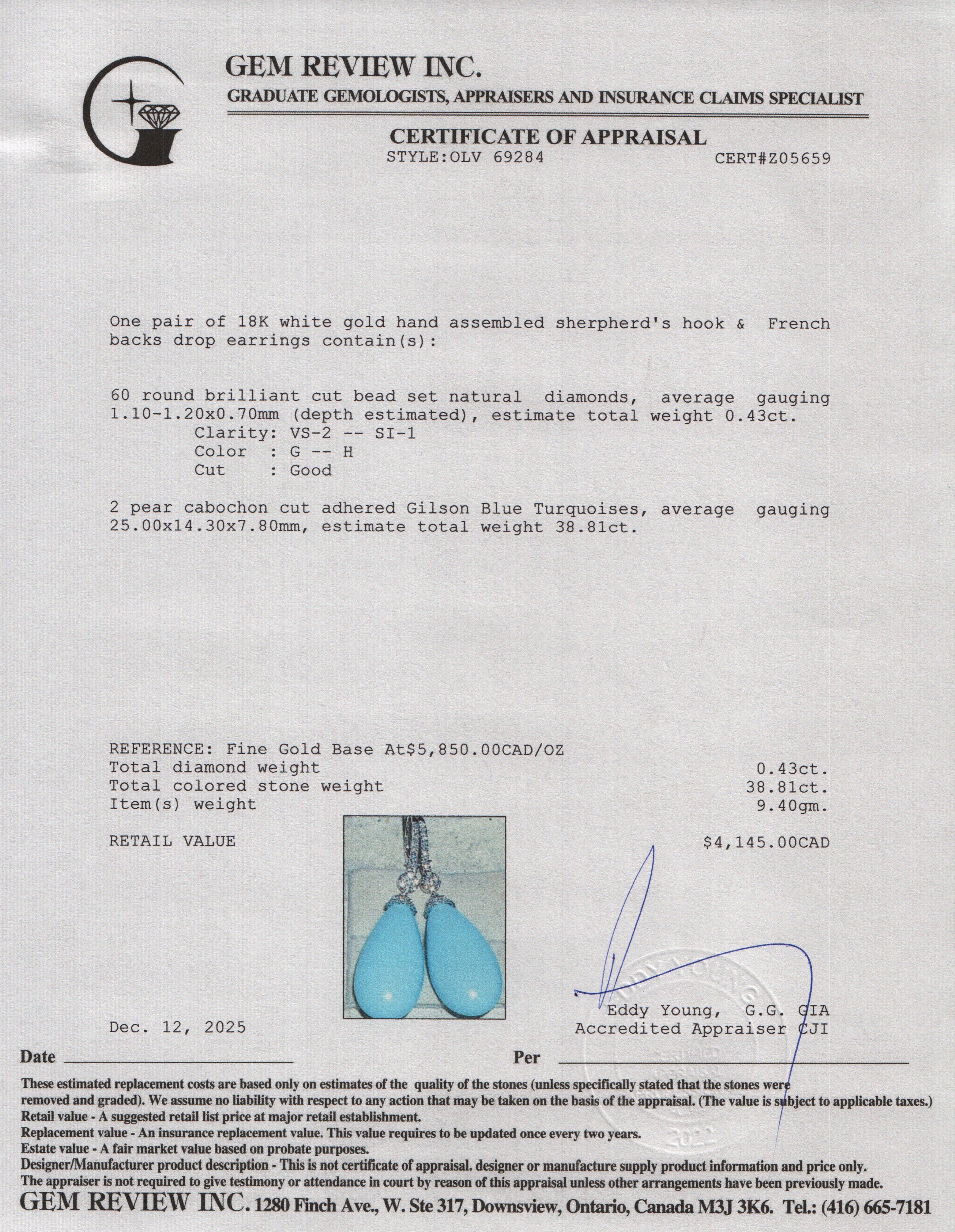 18k White Gold Turquoise & Diamond Drop Earrings