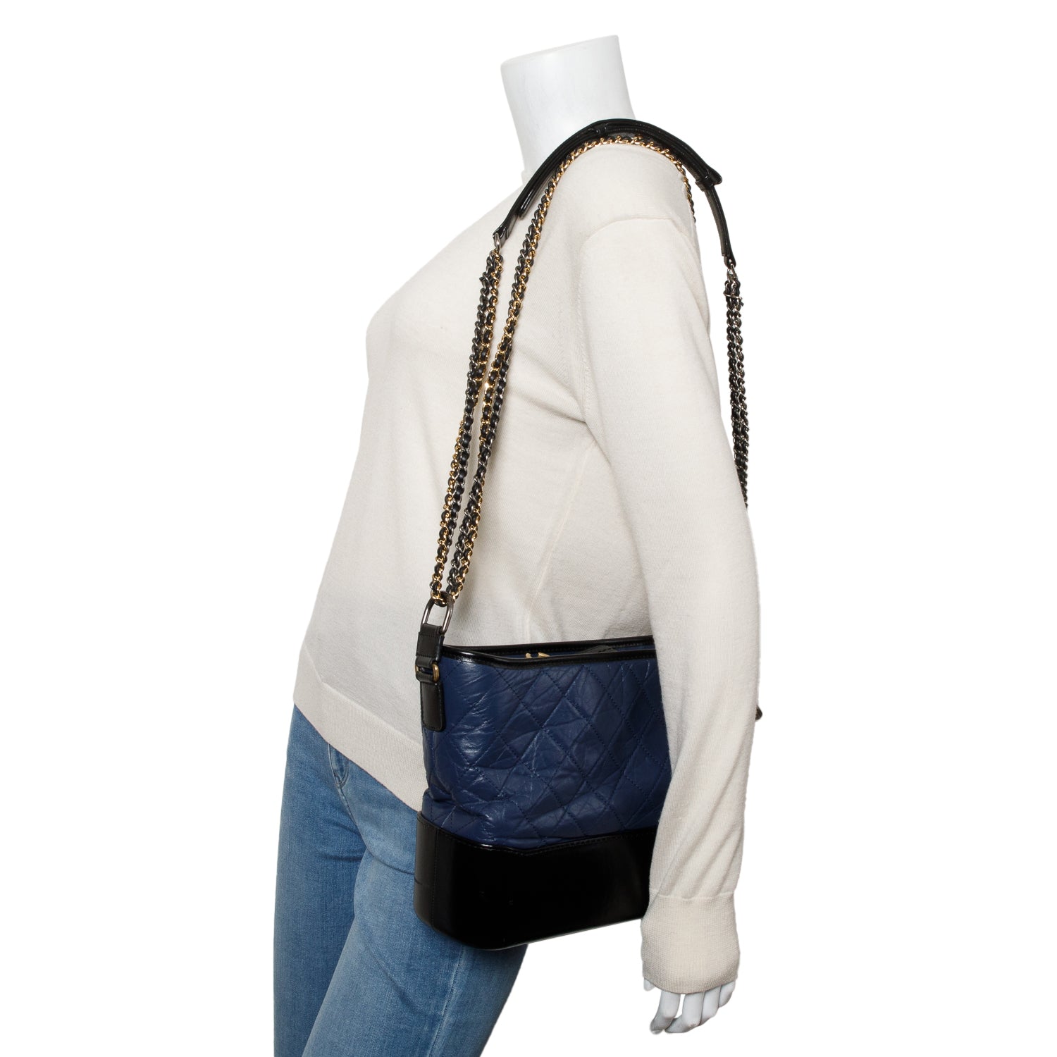 Chanel Blue & Black Aged Calfskin Leather Medium Gabrielle Hobo w/ Authenticity Card