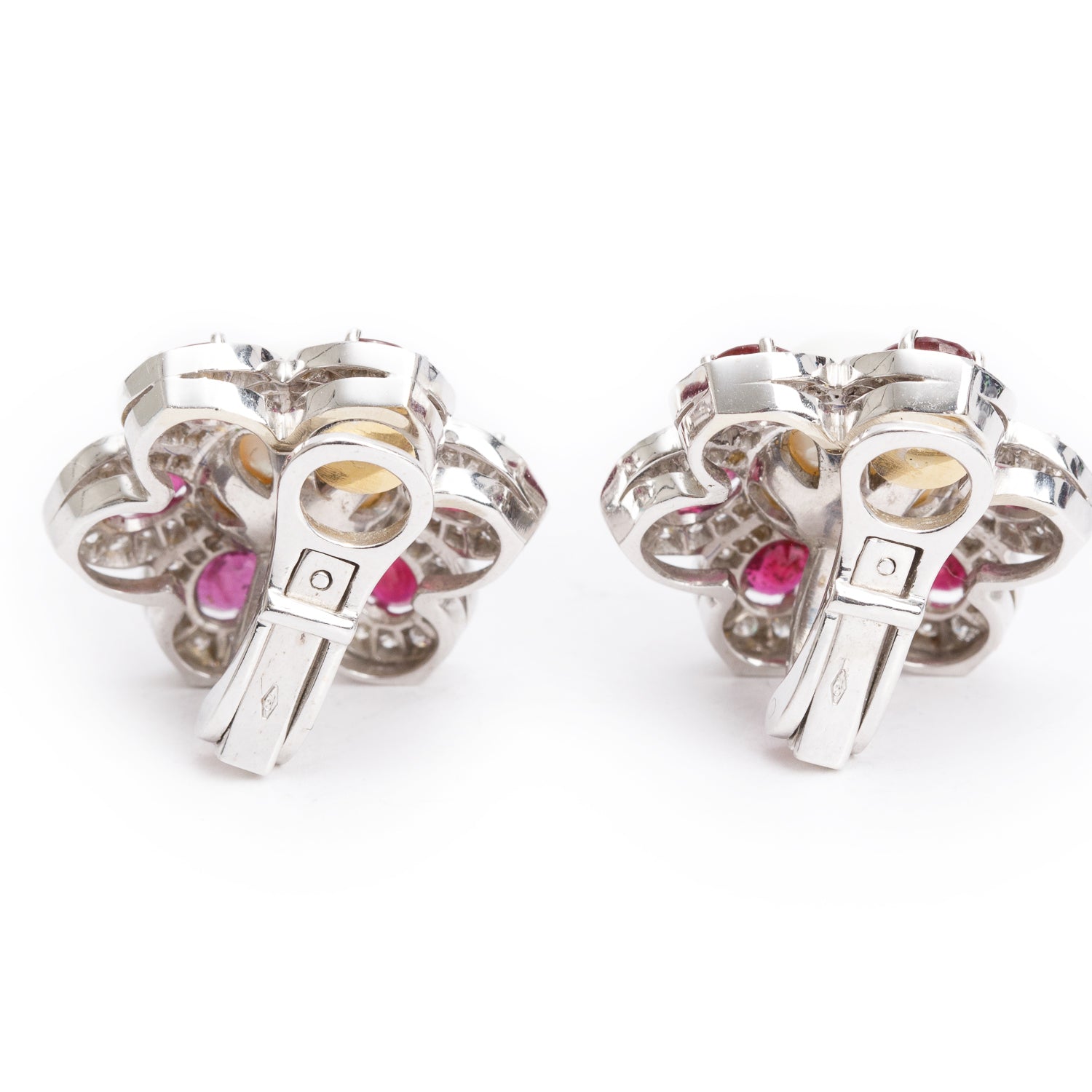 18k White Gold Ruby, Pearl & Diamond Flower Clip-On Earrings