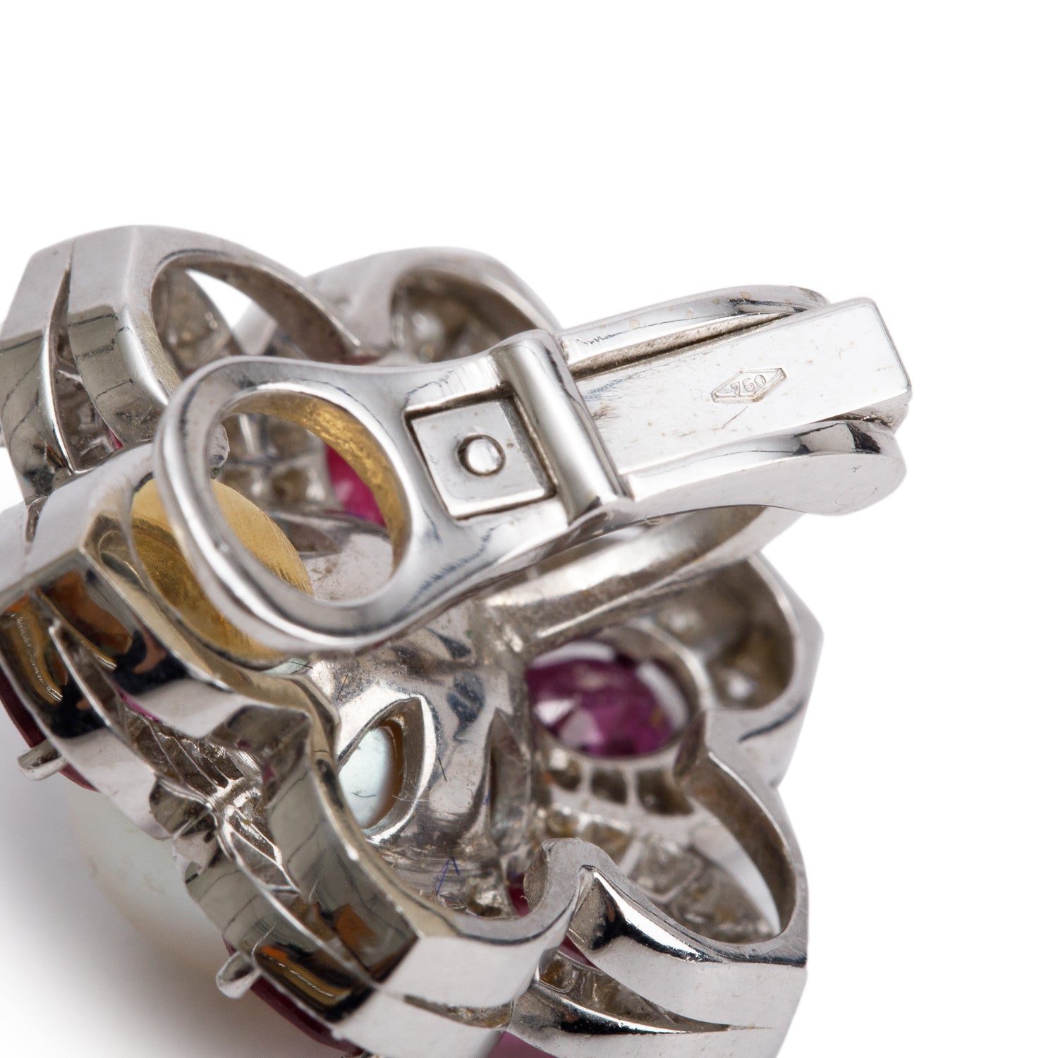 18k White Gold Ruby, Pearl & Diamond Flower Clip-On Earrings