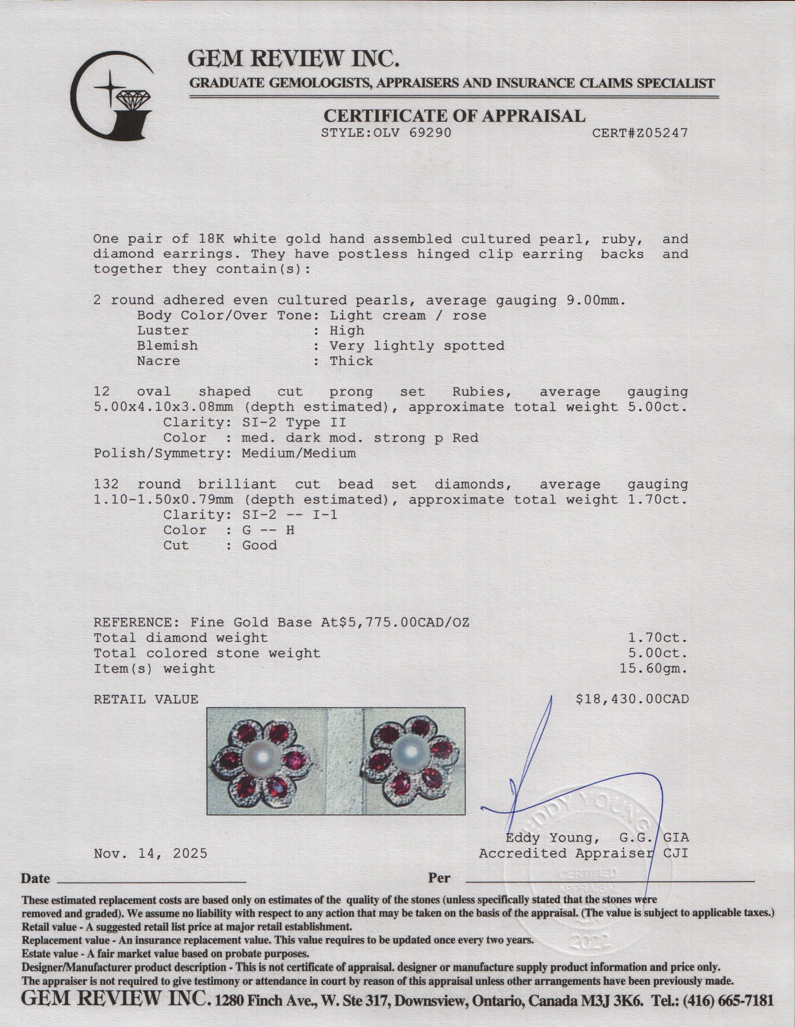 18k White Gold Ruby, Pearl & Diamond Flower Clip-On Earrings