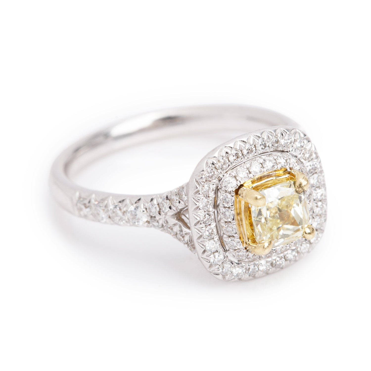 18k White Gold Natural Fancy Yellow 0.51 ct. Cushion Cut Diamond Engagement Ring, Size 6.5