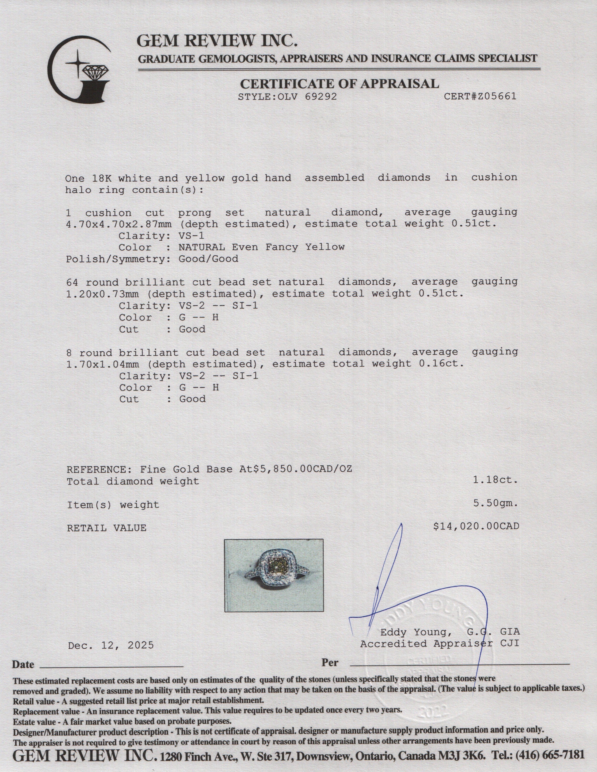 18k White Gold Natural Fancy Yellow 0.51 ct. Cushion Cut Diamond Engagement Ring, Size 6.5