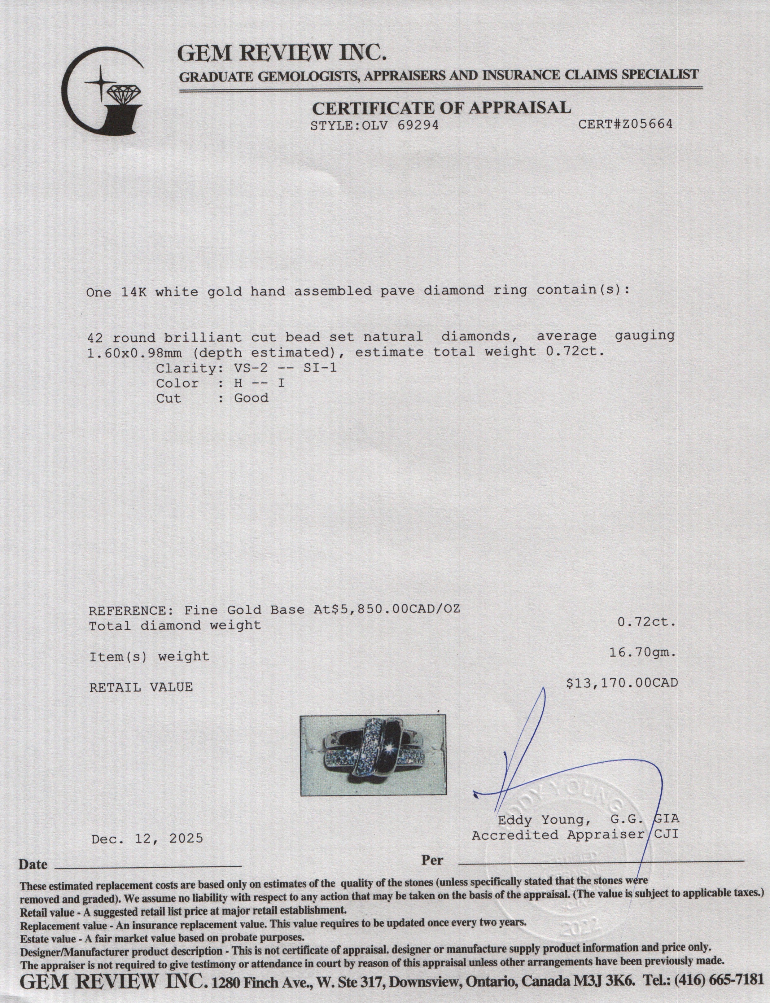 14k White Gold Pave Diamond Ring, Size 7.25