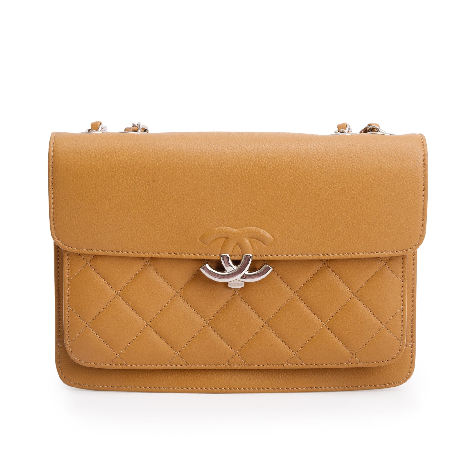 Chanel Tan Caviar Quilted Small CC Box Top Flap w/ Authenticity Card