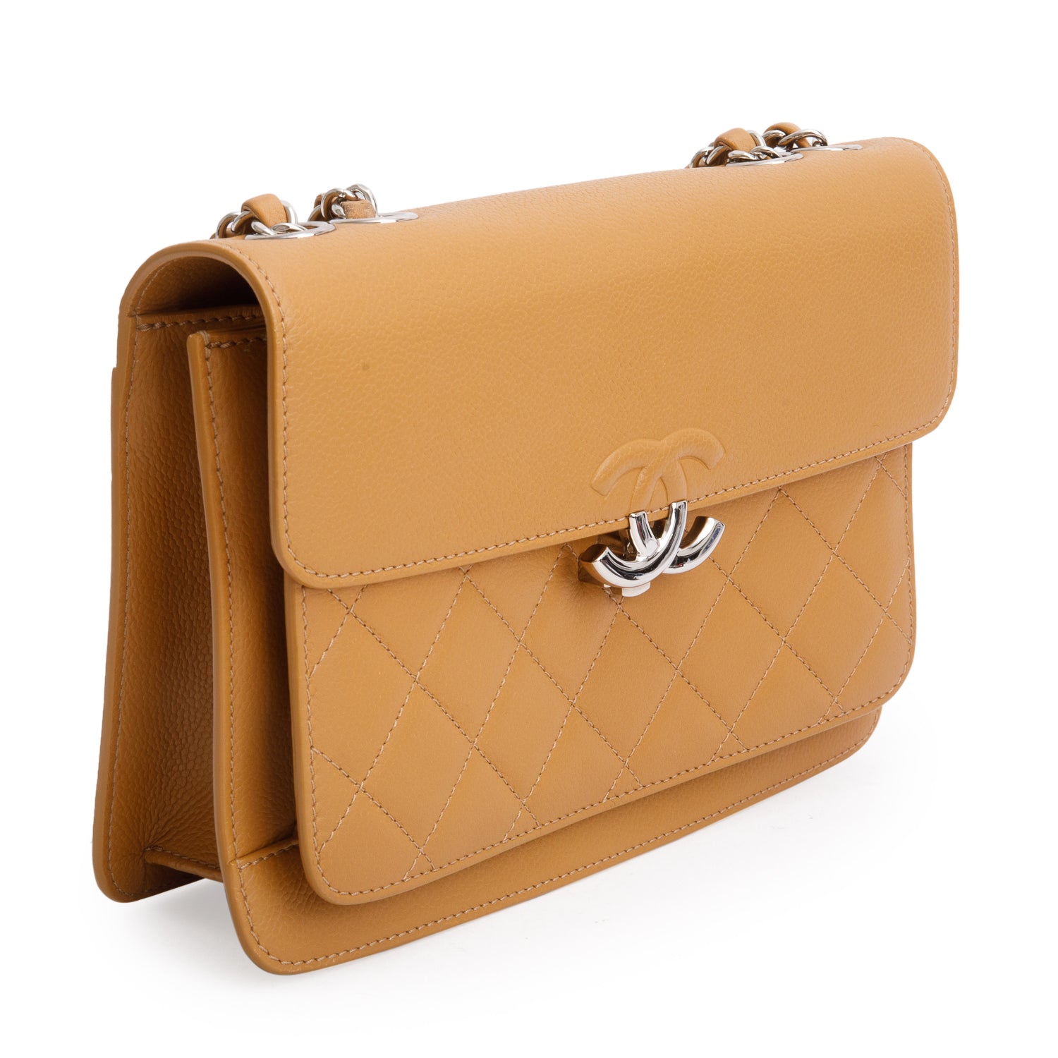 Chanel Tan Caviar Quilted Small CC Box Top Flap w/ Authenticity Card