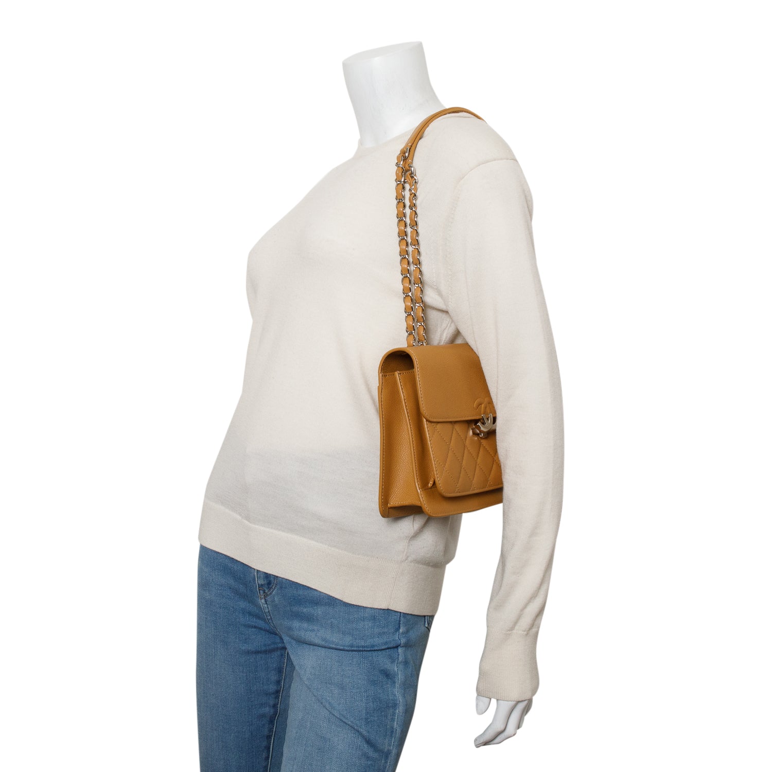 Chanel Tan Caviar Quilted Small CC Box Top Flap w/ Authenticity Card