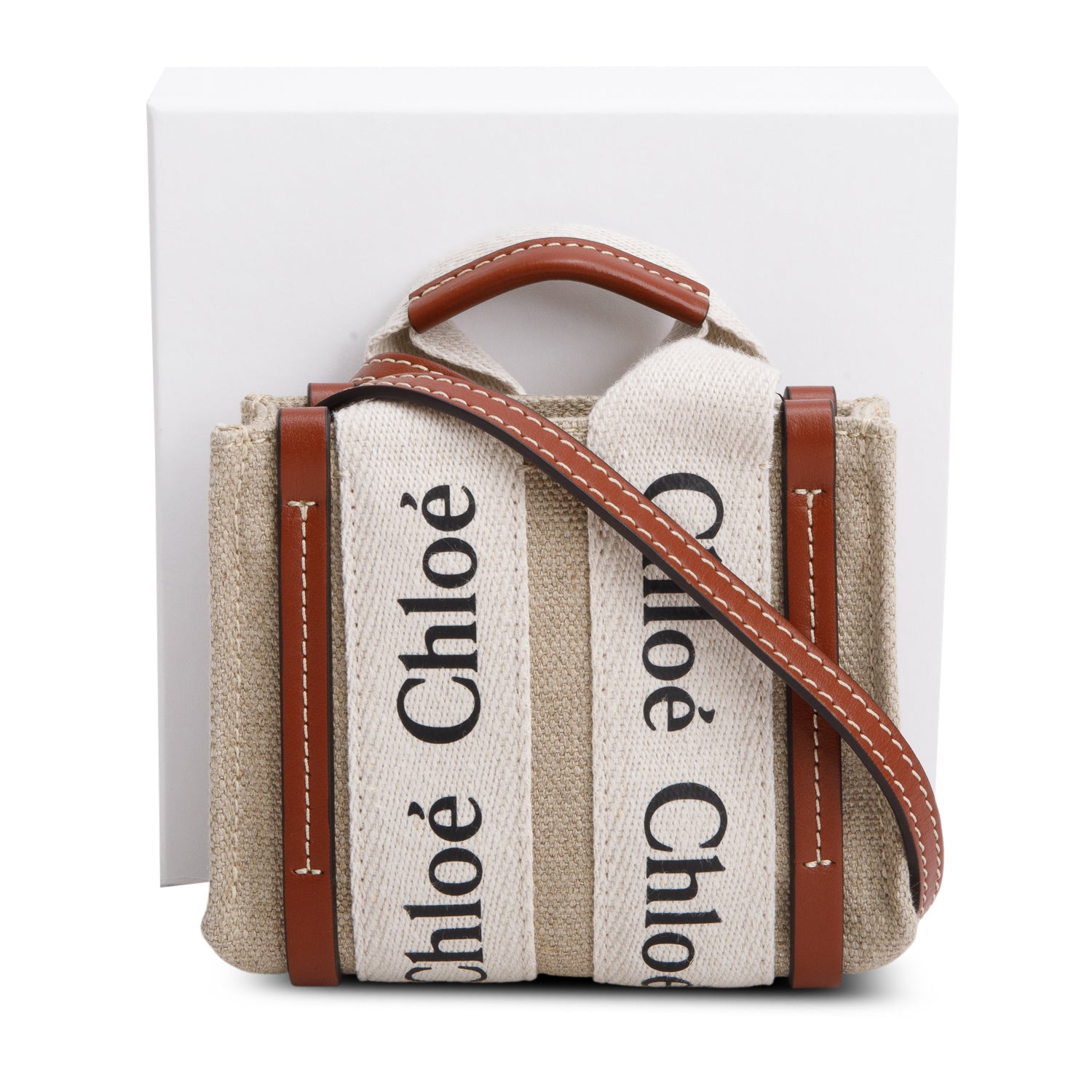 Chloe Beige Cotton Calfskin Mini Woody Ribbon Tote w/ Box