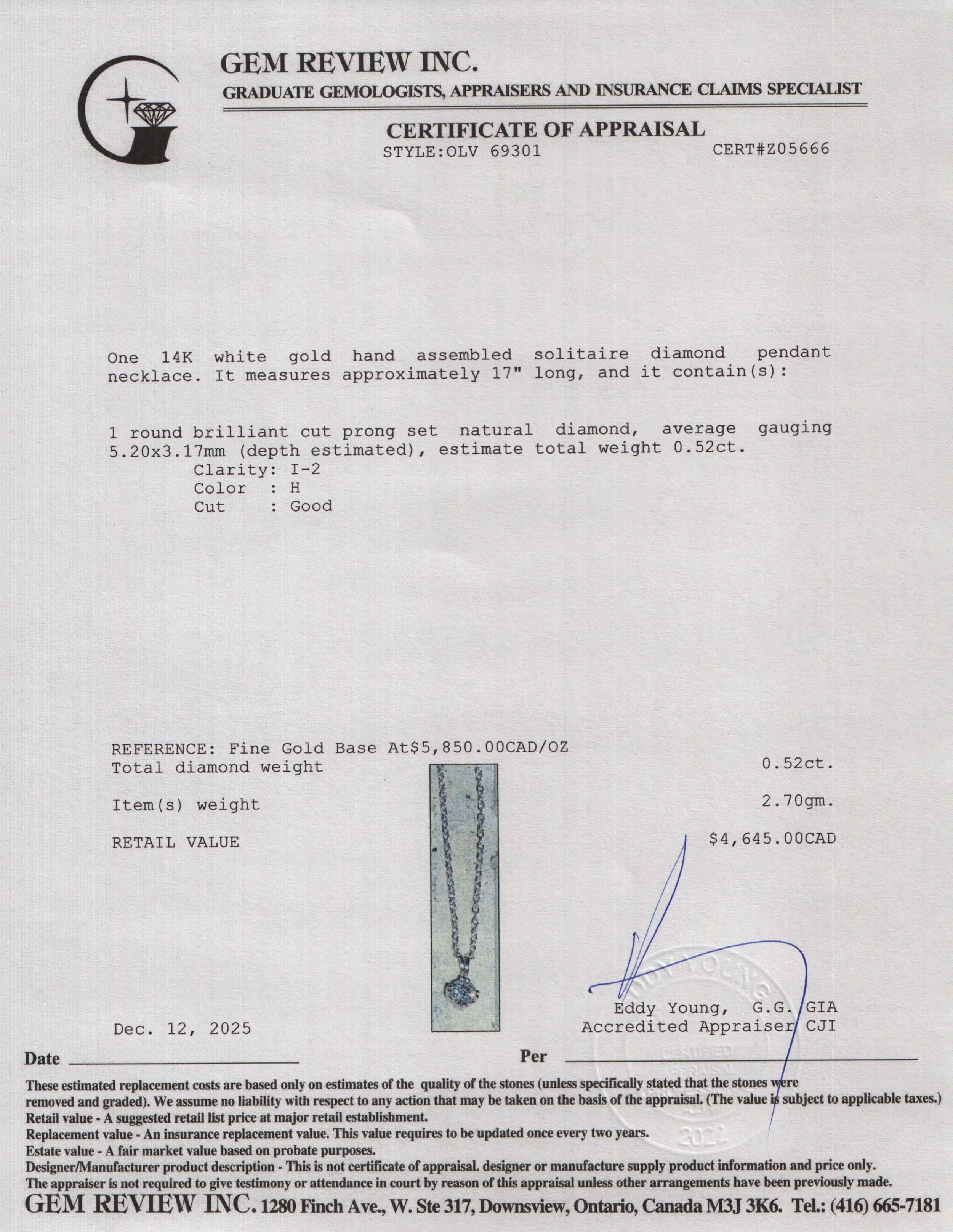 14k White Gold 0.52 ct. Diamond Solitaire Pendant Necklace