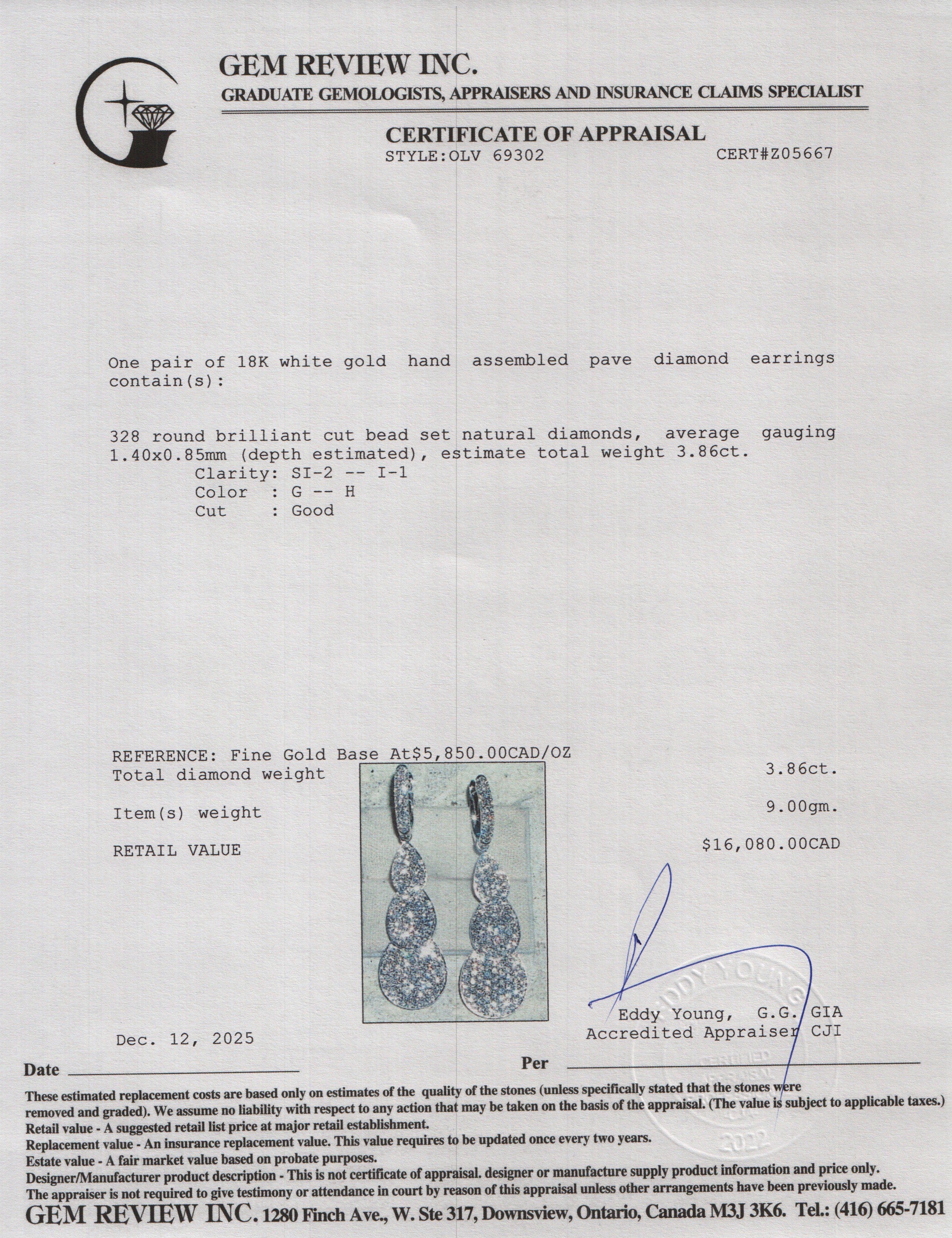 18k White Gold 3.86 tcw. Pave Diamond Drop Earrings