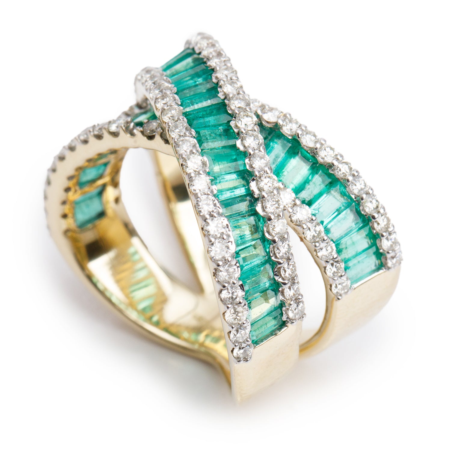 14k Yellow Gold Emerald & Diamond Crossover Ring, Size 6.75