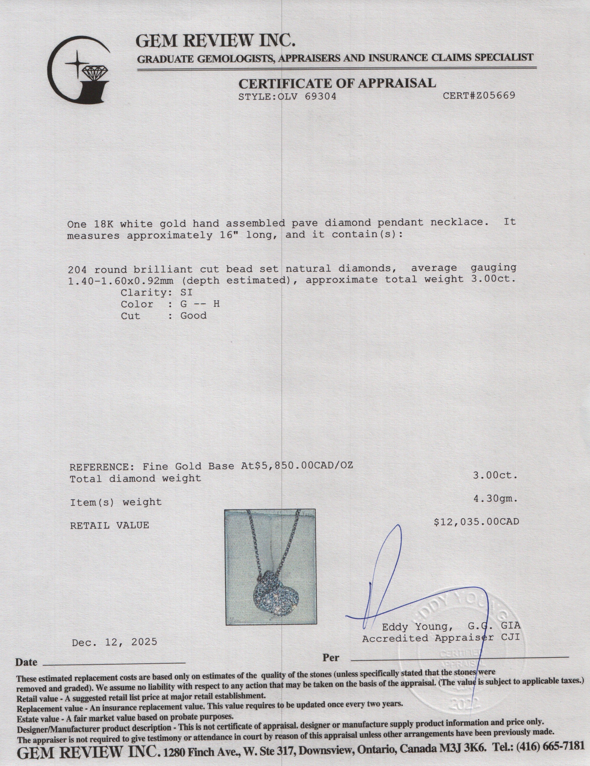 18k White Gold 3.00 tcw. Pave Diamond Pendant Necklace