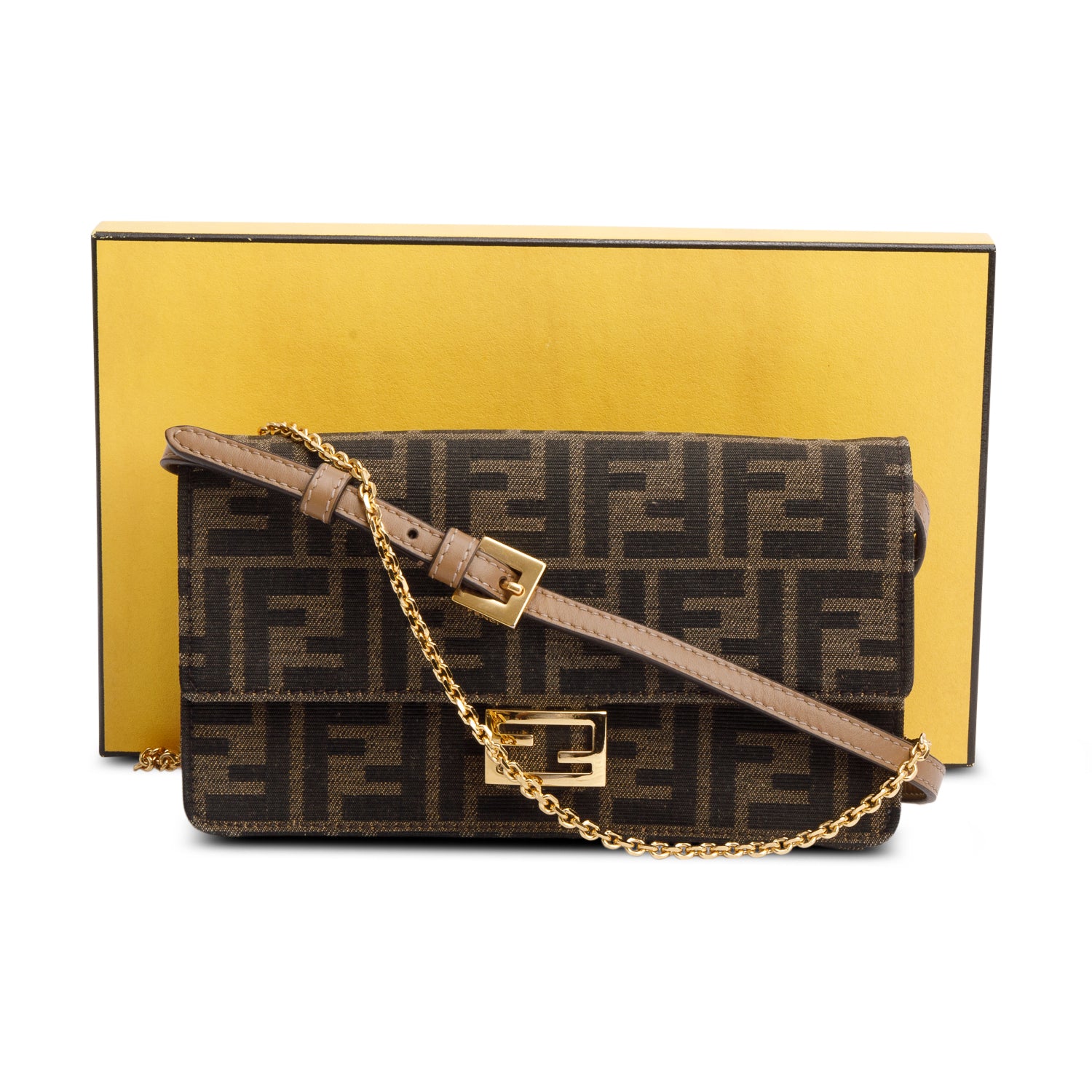 Fendi Brown FF Jacquard Baguette Wallet on Chain w/ Box, Straps & Receipt
