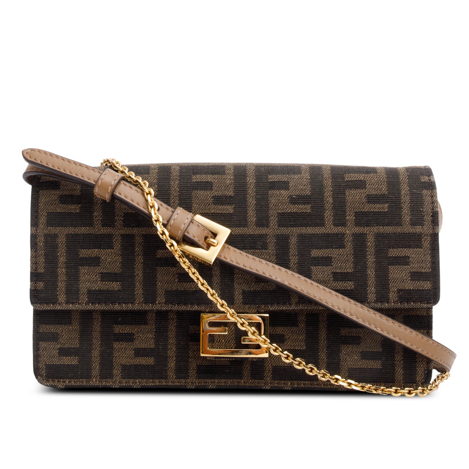 Fendi Brown FF Jacquard Baguette Wallet on Chain w/ Box, Straps & Receipt