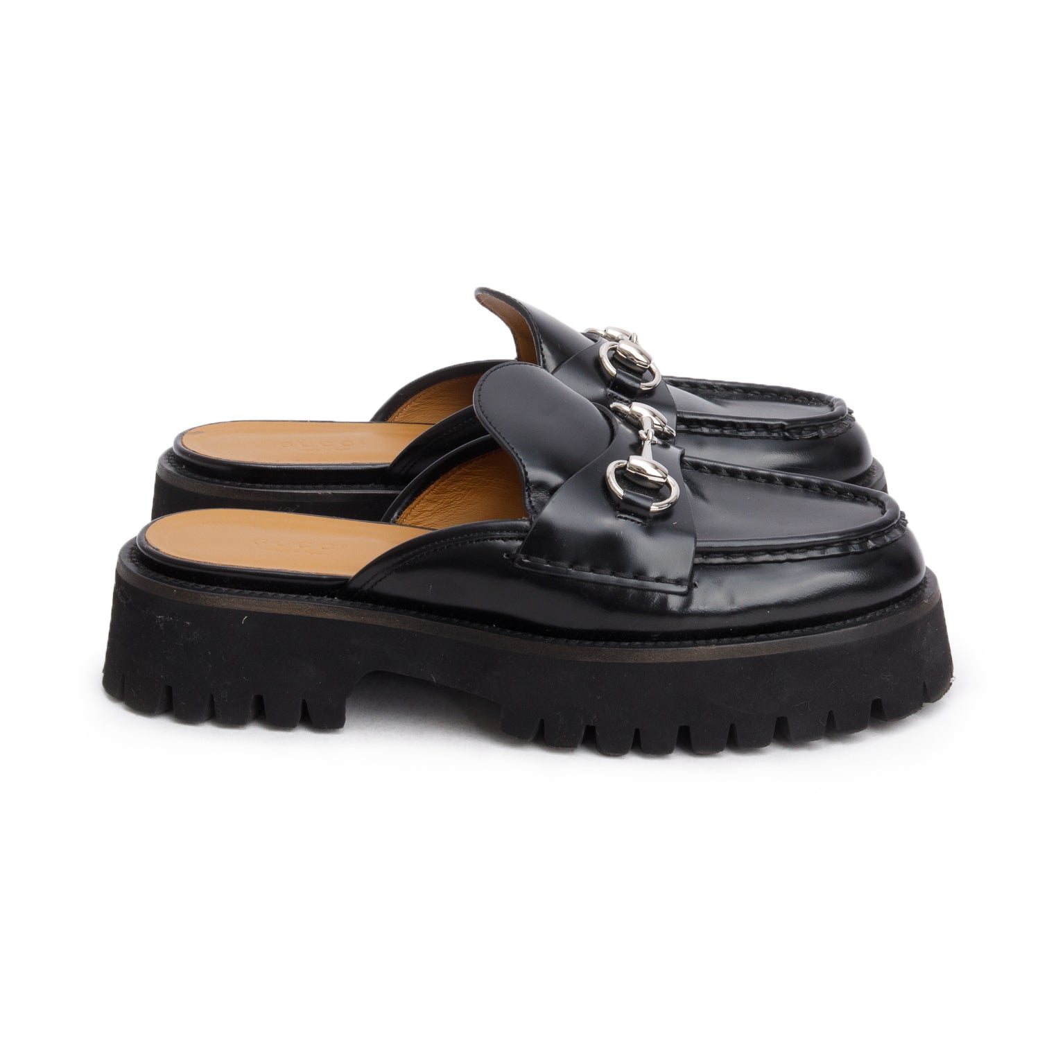 Gucci Black Magnum Calfskin Horsebit Platform Mules, Size 37.5 w/ Box