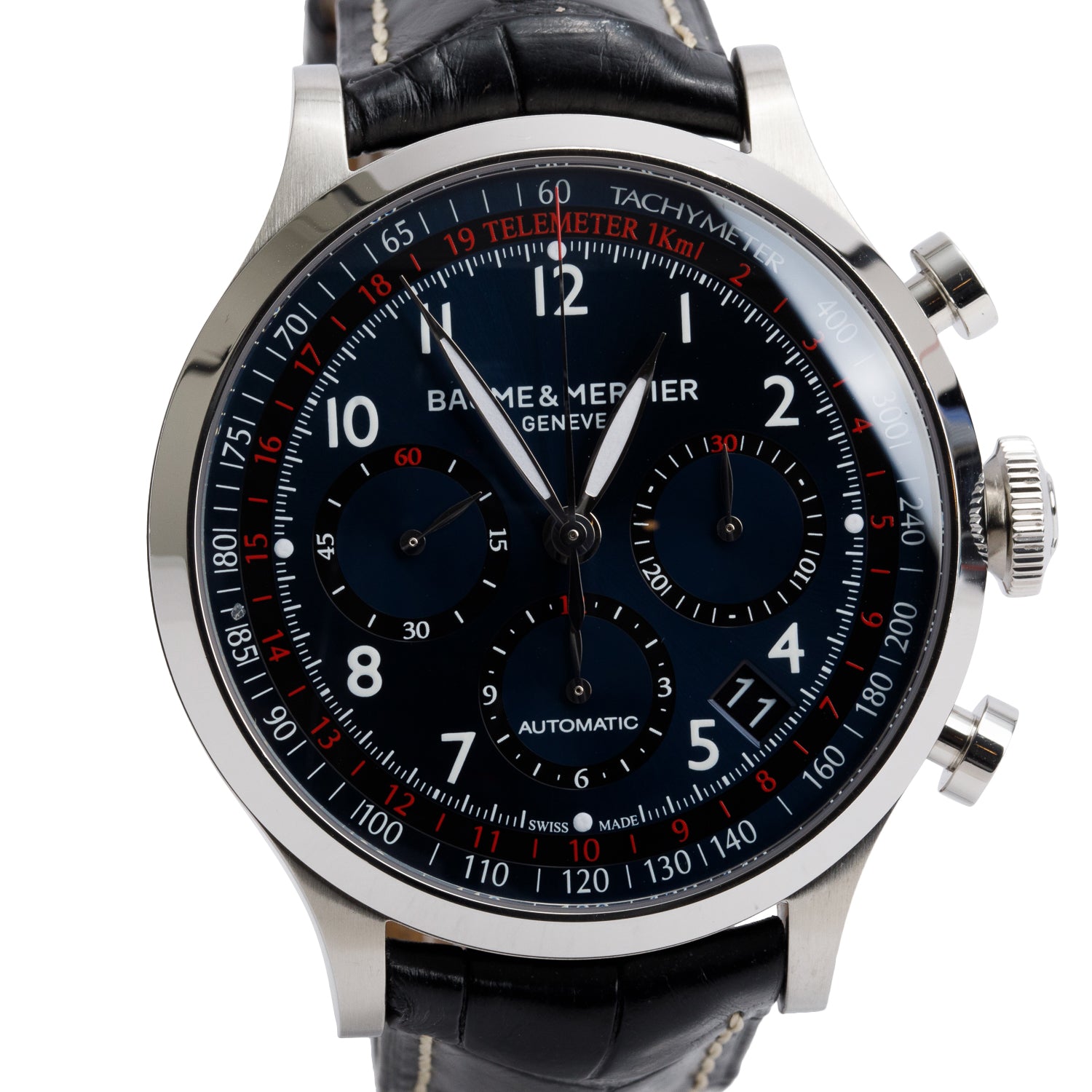 Baume & Mercier Stainless Steel Capeland 44 MM Automatic Chronograph Watch Blue Dial MOA10065 w/ Box