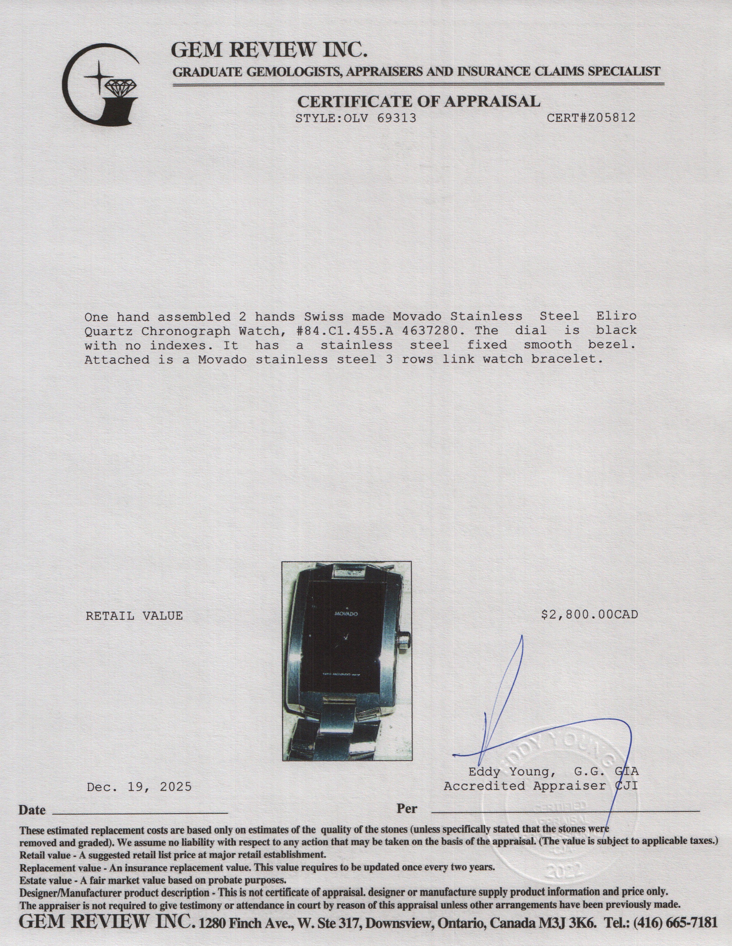 Movado Stainless Steel Eliro Quartz Chronograph Watch Black Dial w/ Box