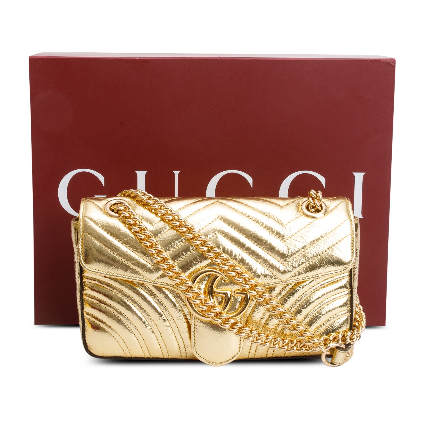 Gucci Gold Metallic Crinkled Calfskin Matelasse Medium GG Marmont Shoulder Bag w/ Box
