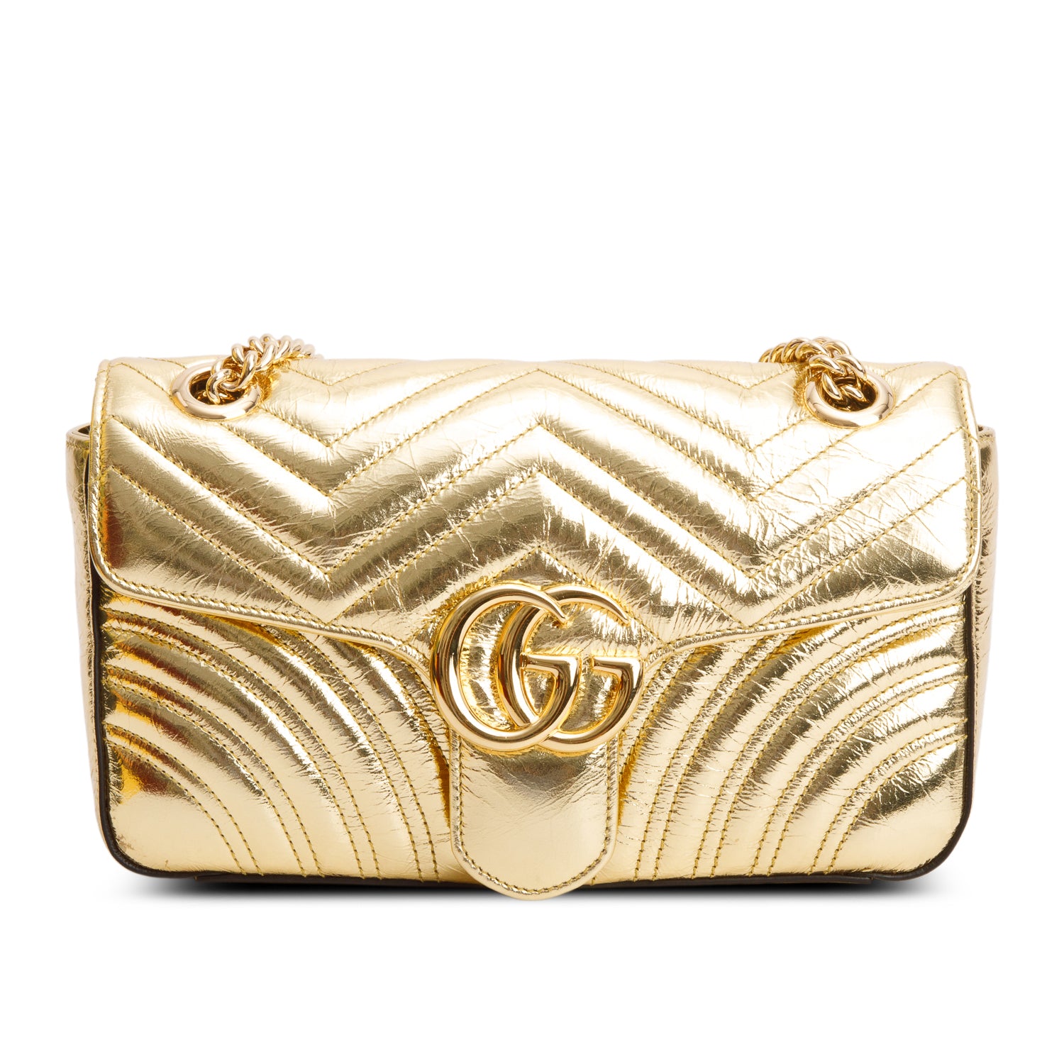 Gucci Gold Metallic Crinkled Calfskin Matelasse Medium GG Marmont Shoulder Bag w/ Box