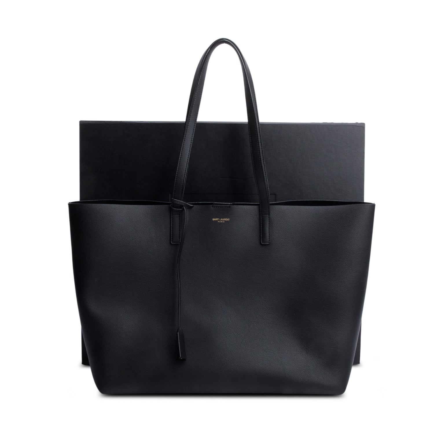 Saint Laurent 2024 Black Leather E/W Shopping Tote w/ Pouch & Box