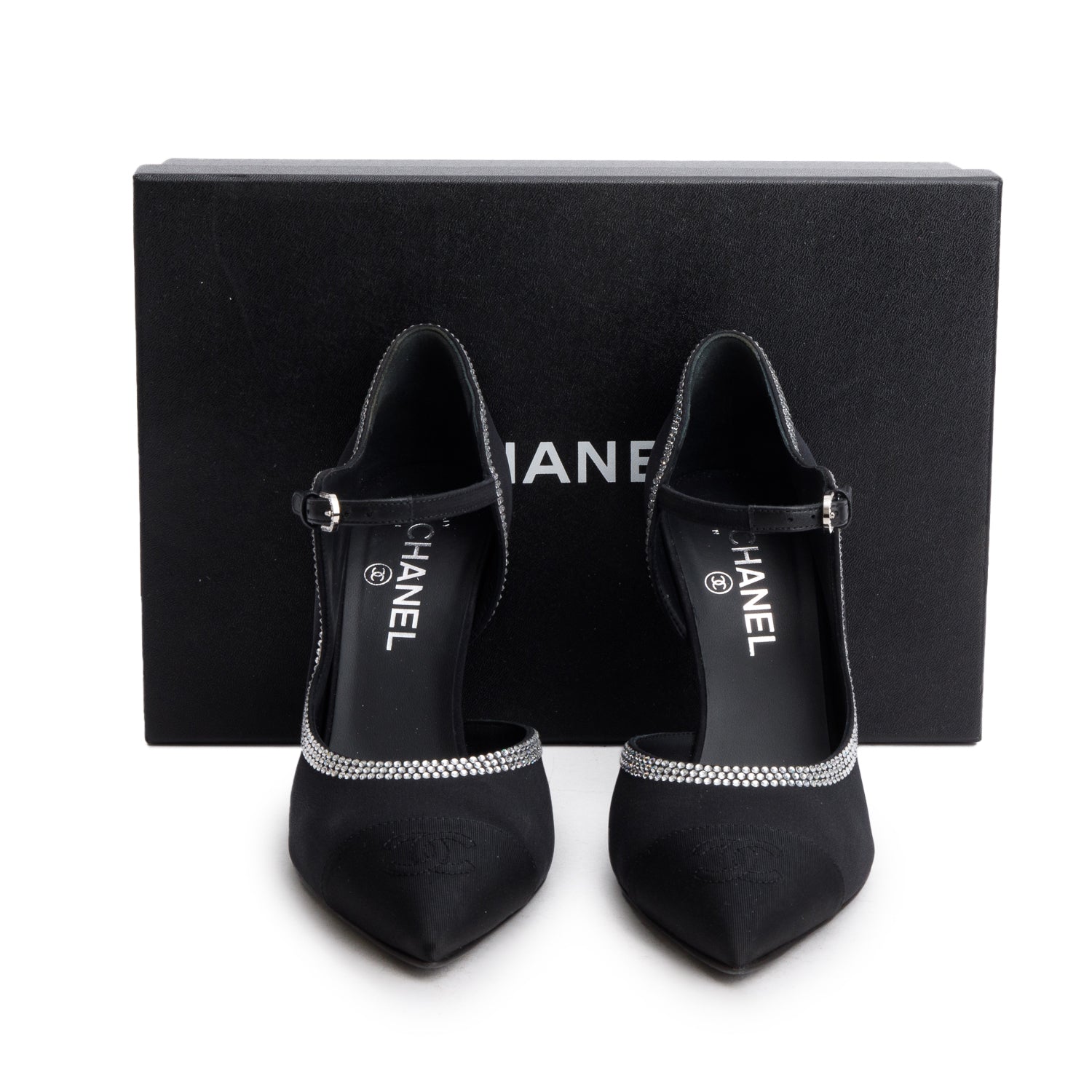 Chanel 2025 Black Satin & Grosgrain Cap Toe CC Strass Mary Jane Pumps, Size 39 w/ Box & Receipt